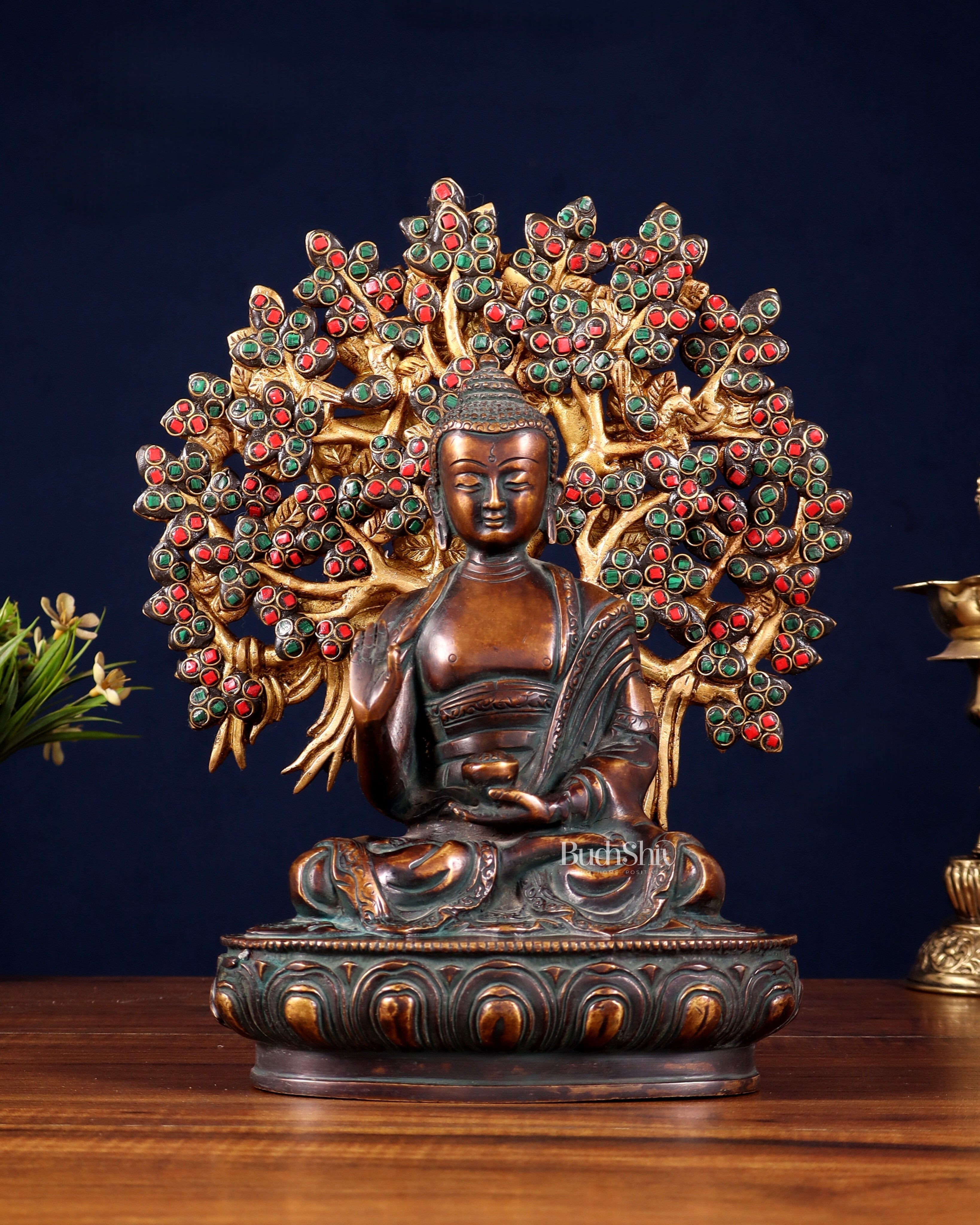 Pure Brass Vintage Buddha with Colorful Kalpavriksha Tree – 11"