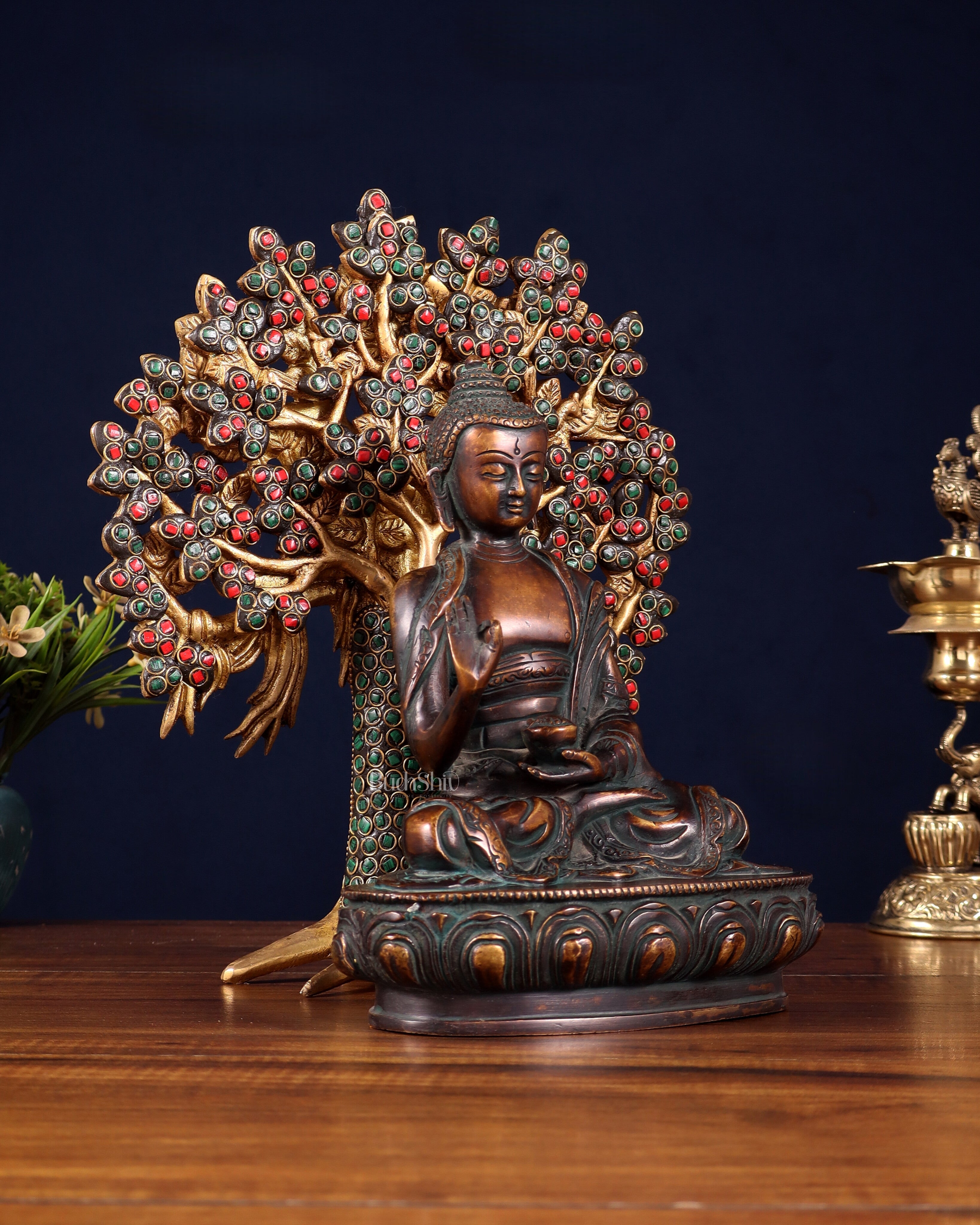 Pure Brass Vintage Buddha with Colorful Kalpavriksha Tree – 11"