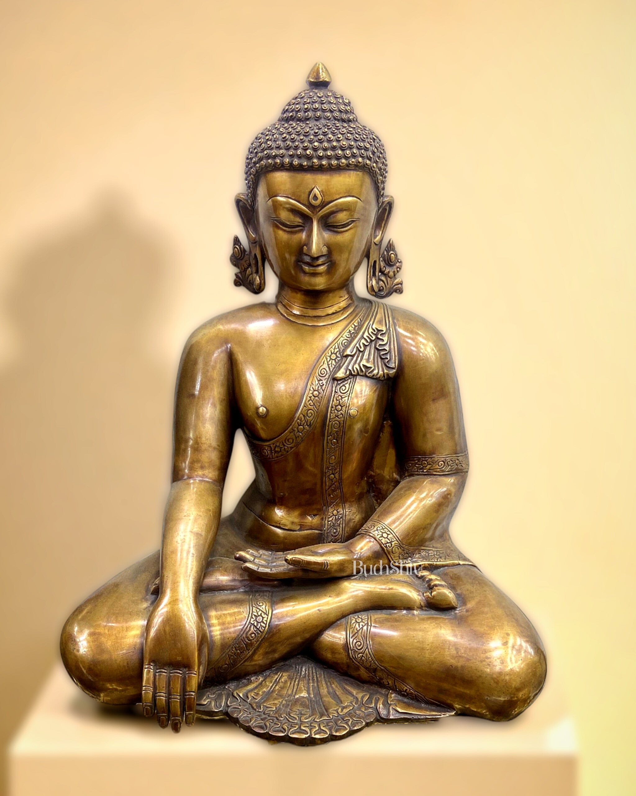 Pure Brass Buddha in Bhumisparsha Mudra Statue - 21" | large size