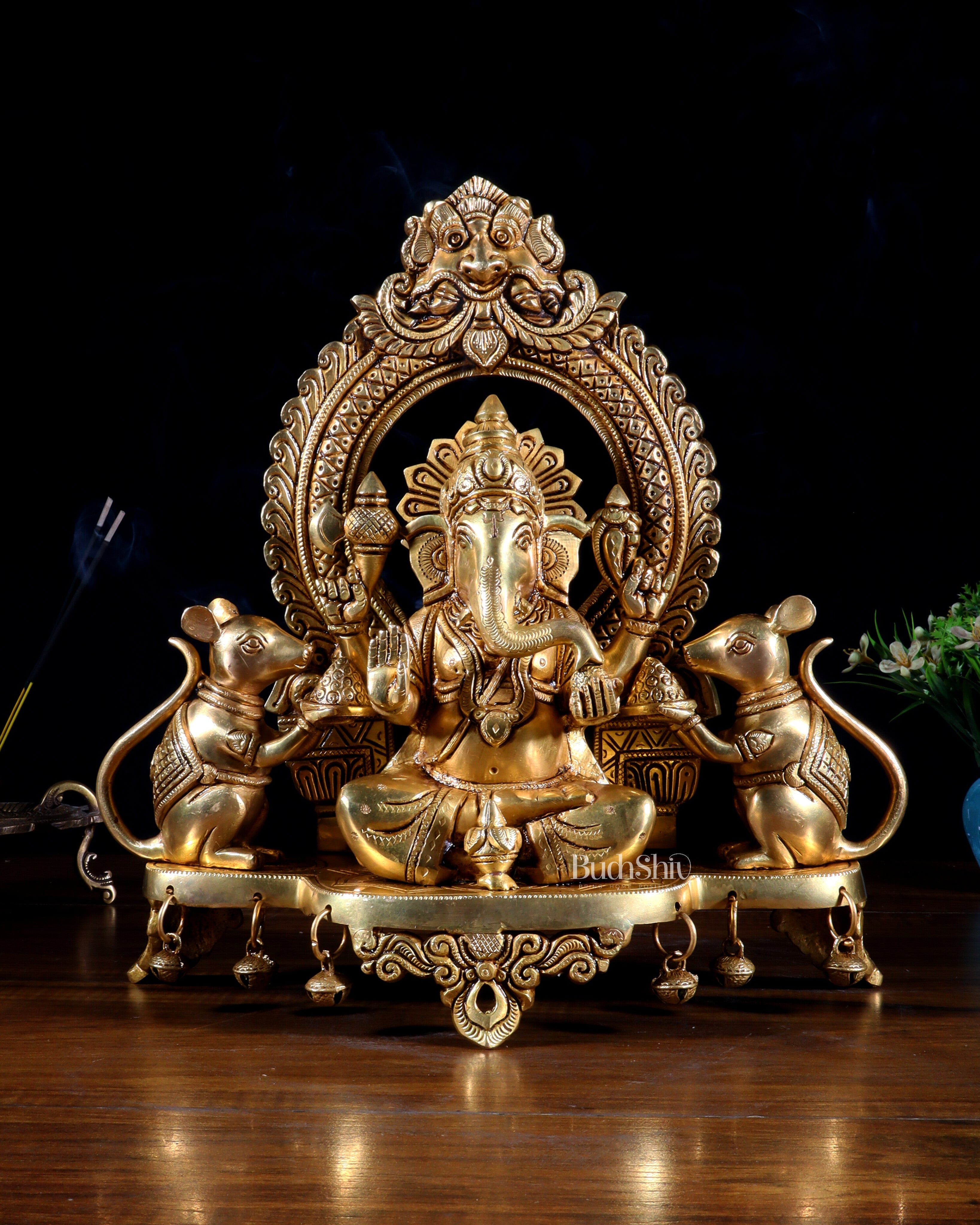 Pure Brass Lord Ganesha Idol with Dual Rats | 12”