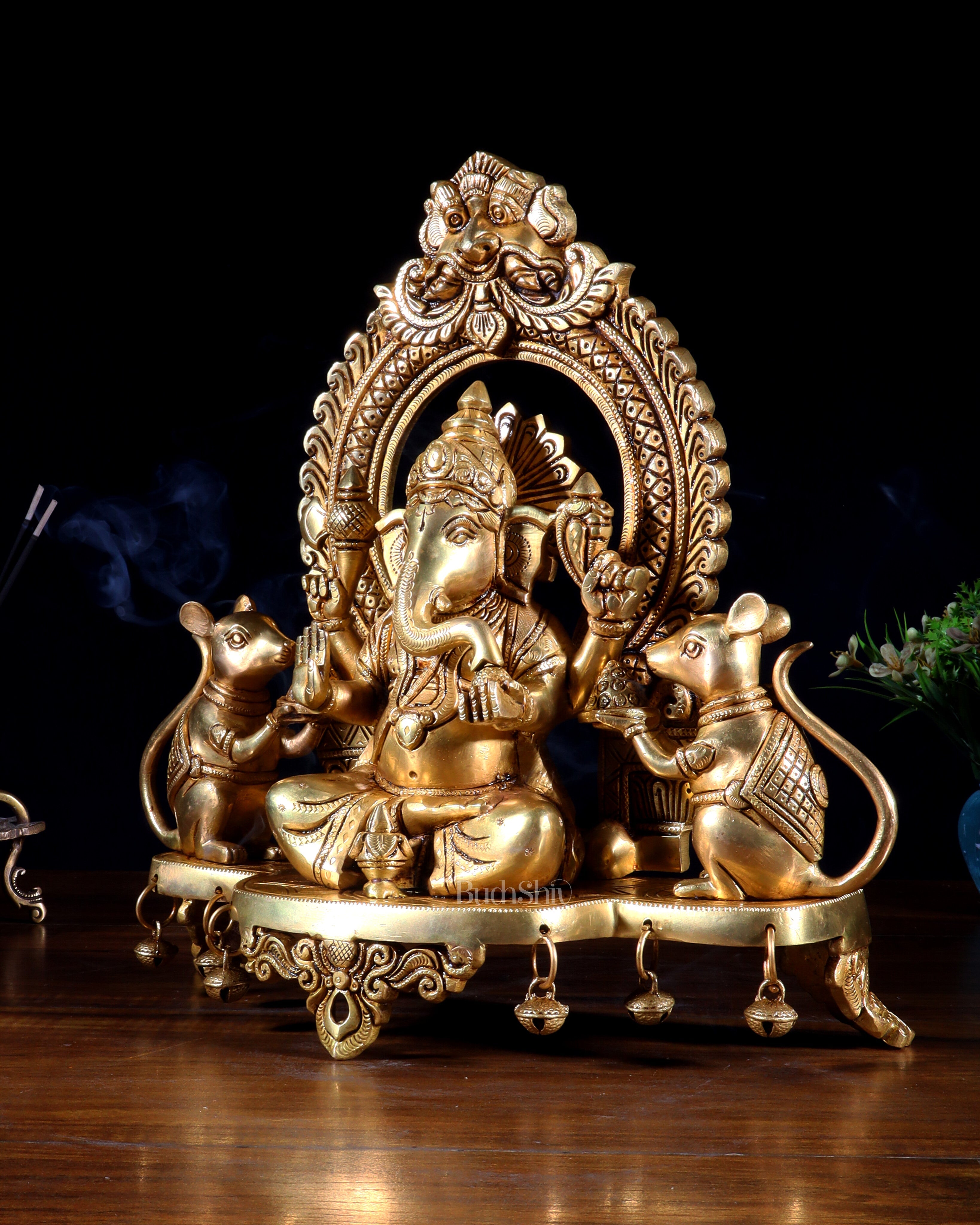 Pure Brass Lord Ganesha Idol with Dual Rats | 12”