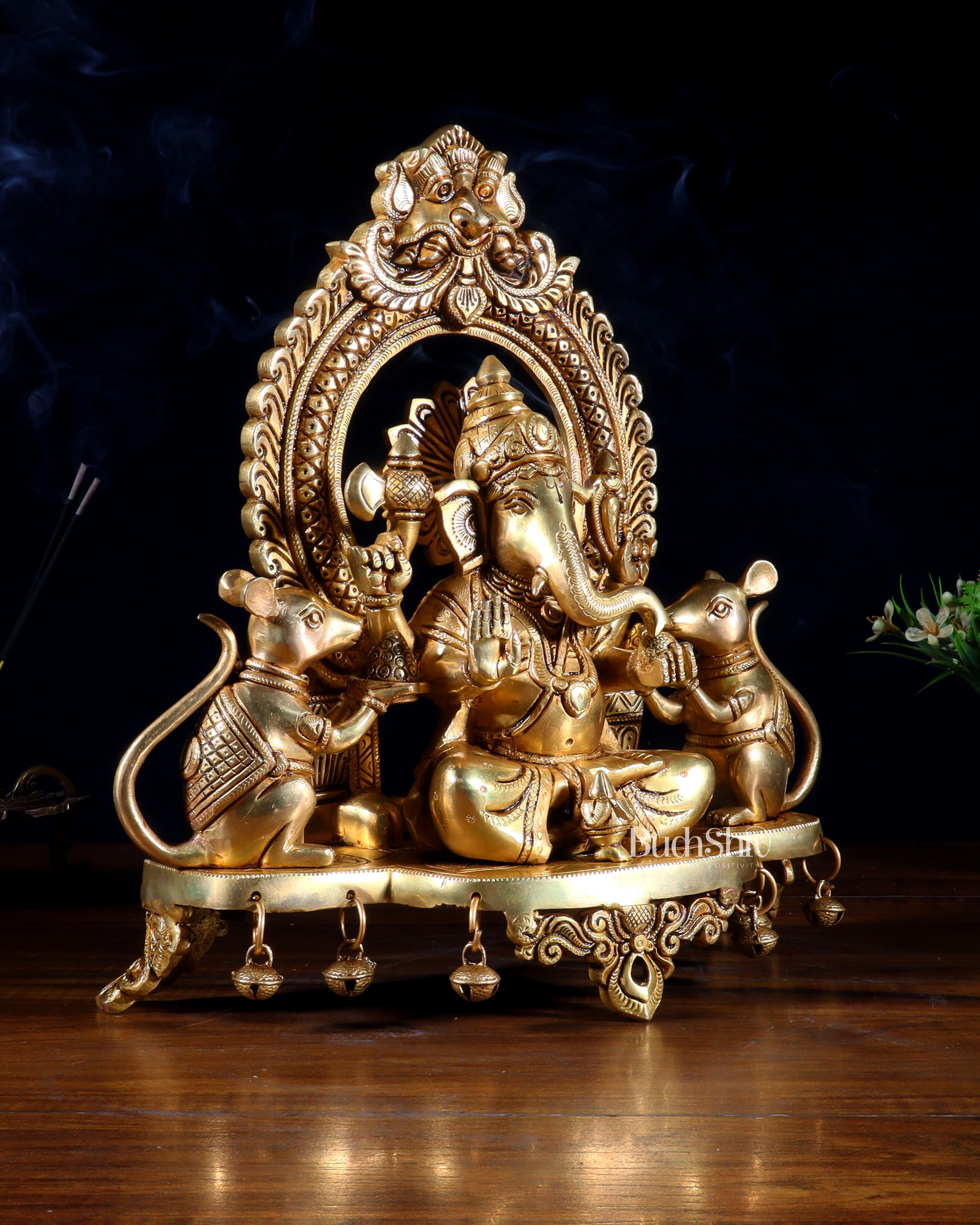 Pure Brass Lord Ganesha Idol with Dual Rats | 12”