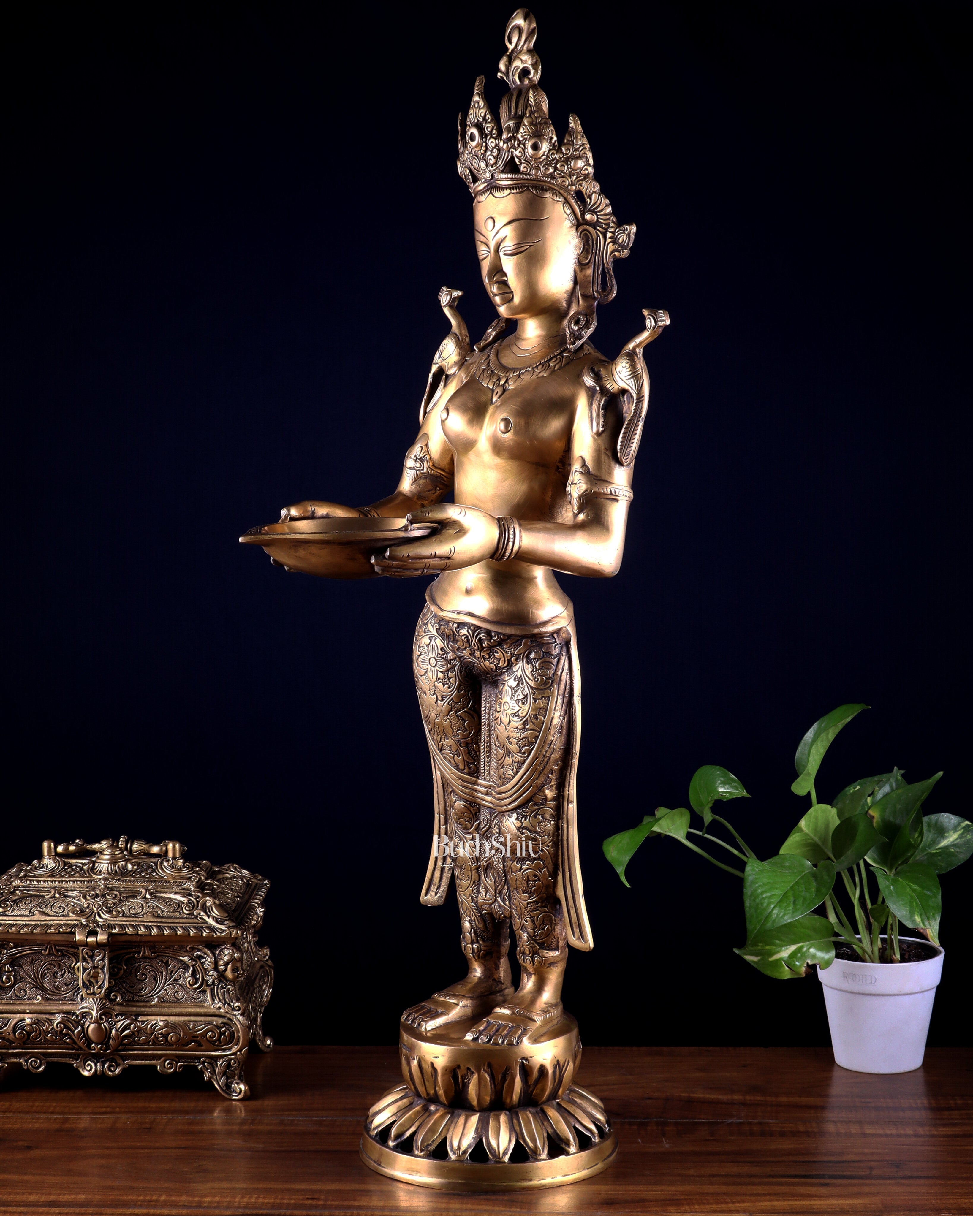 Brass Tibetan Deep Lakshmi Statue – Welcome Lady for Home Entrances | 30.5"