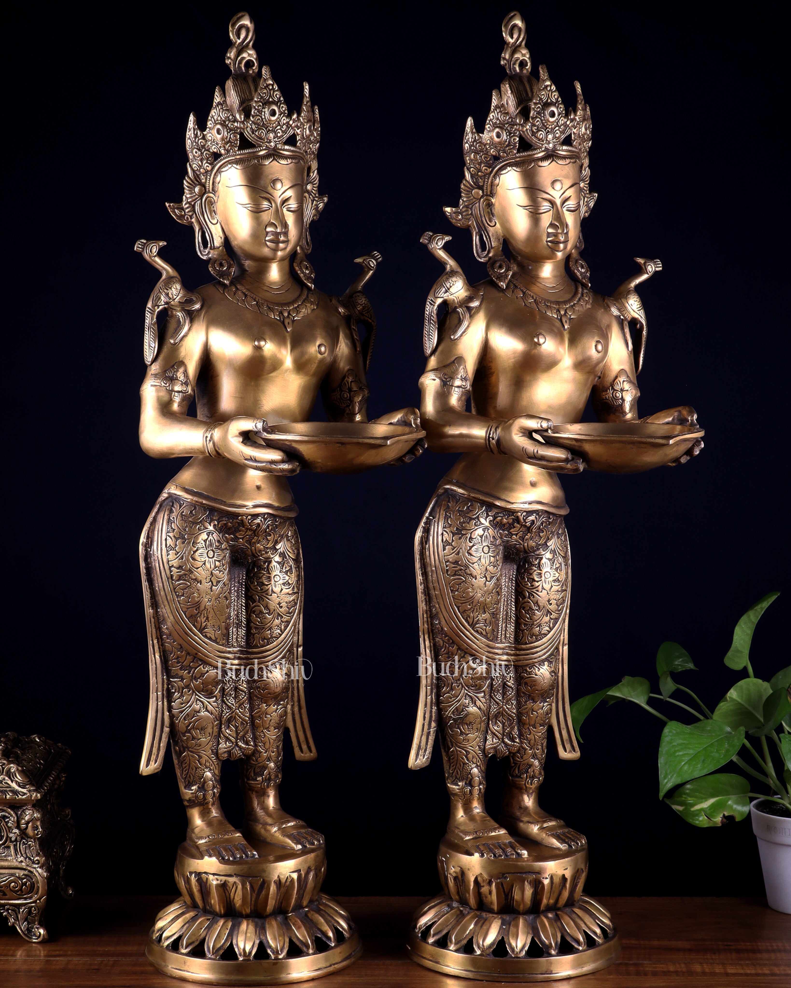 Pair of Brass Deep Lakshmi Welcome Lady Statues – Entrance Decor | 30.5"