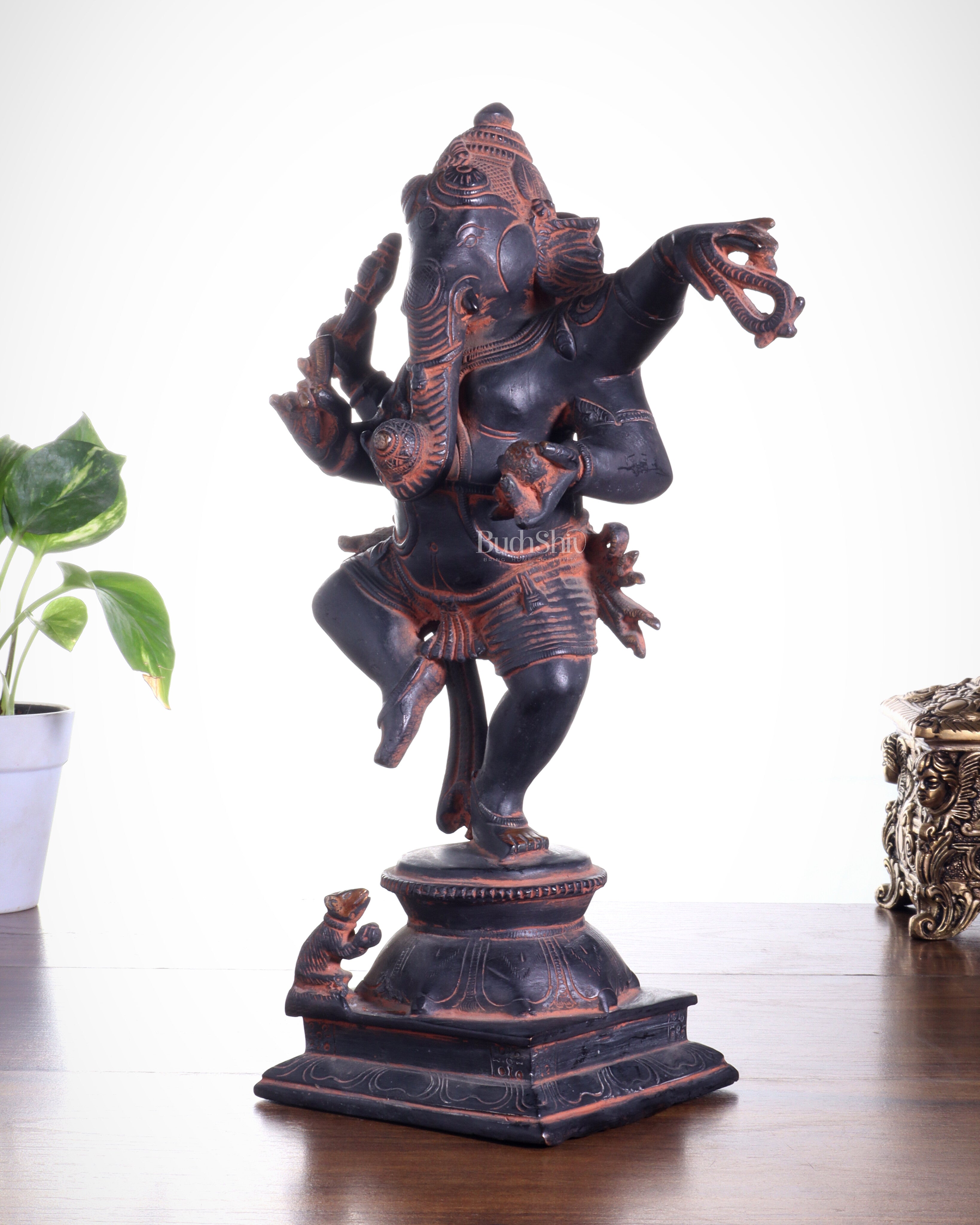 Brass Superfine Dancing Ganesha Statue - 12.5" Antique Sand finish