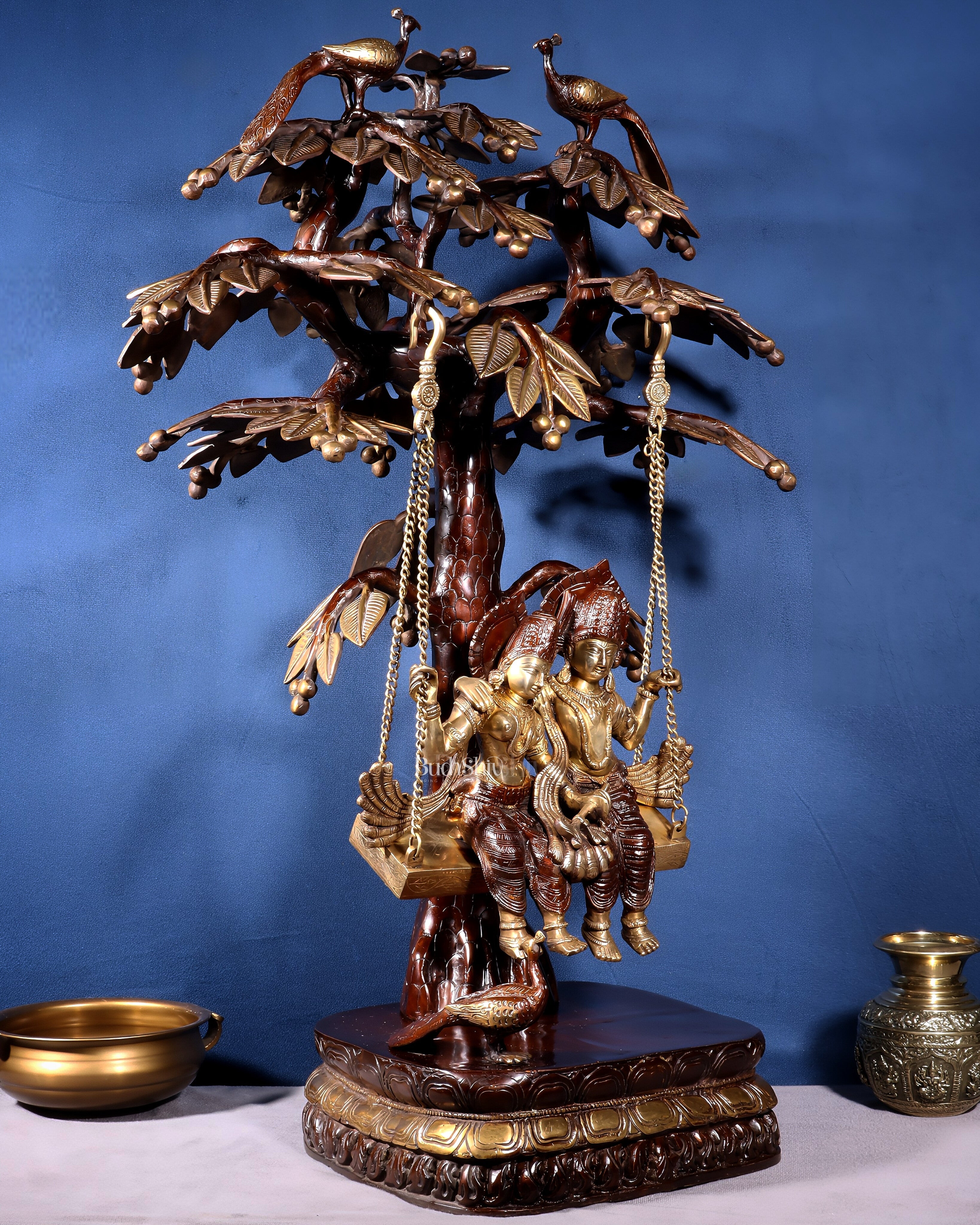 Large Brass Radha Krishna Swing with Kalpavriksha tree Brown-Gold Finish 3 feet