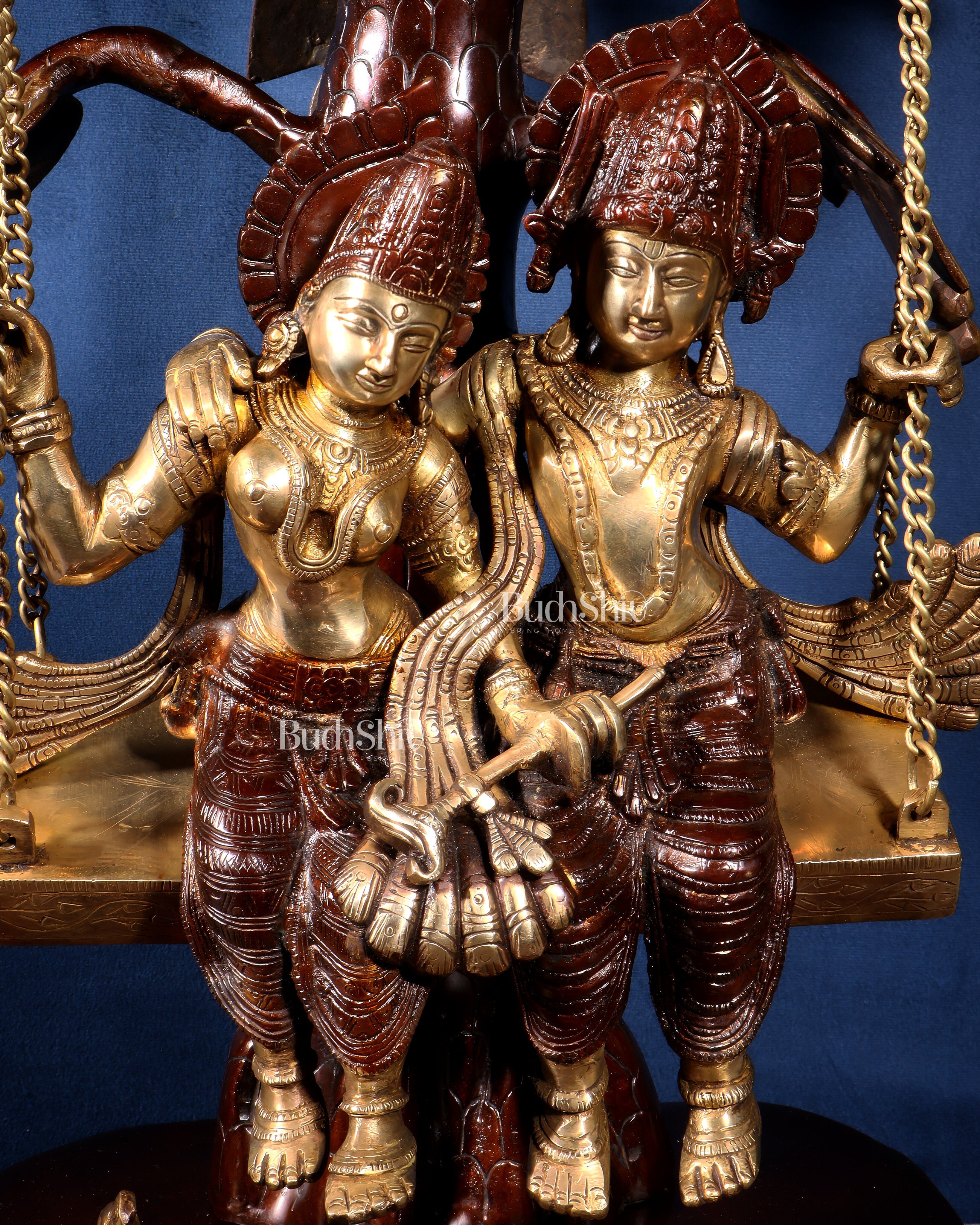Large Brass Radha Krishna Swing with Kalpavriksha tree Brown-Gold Finish 3 feet