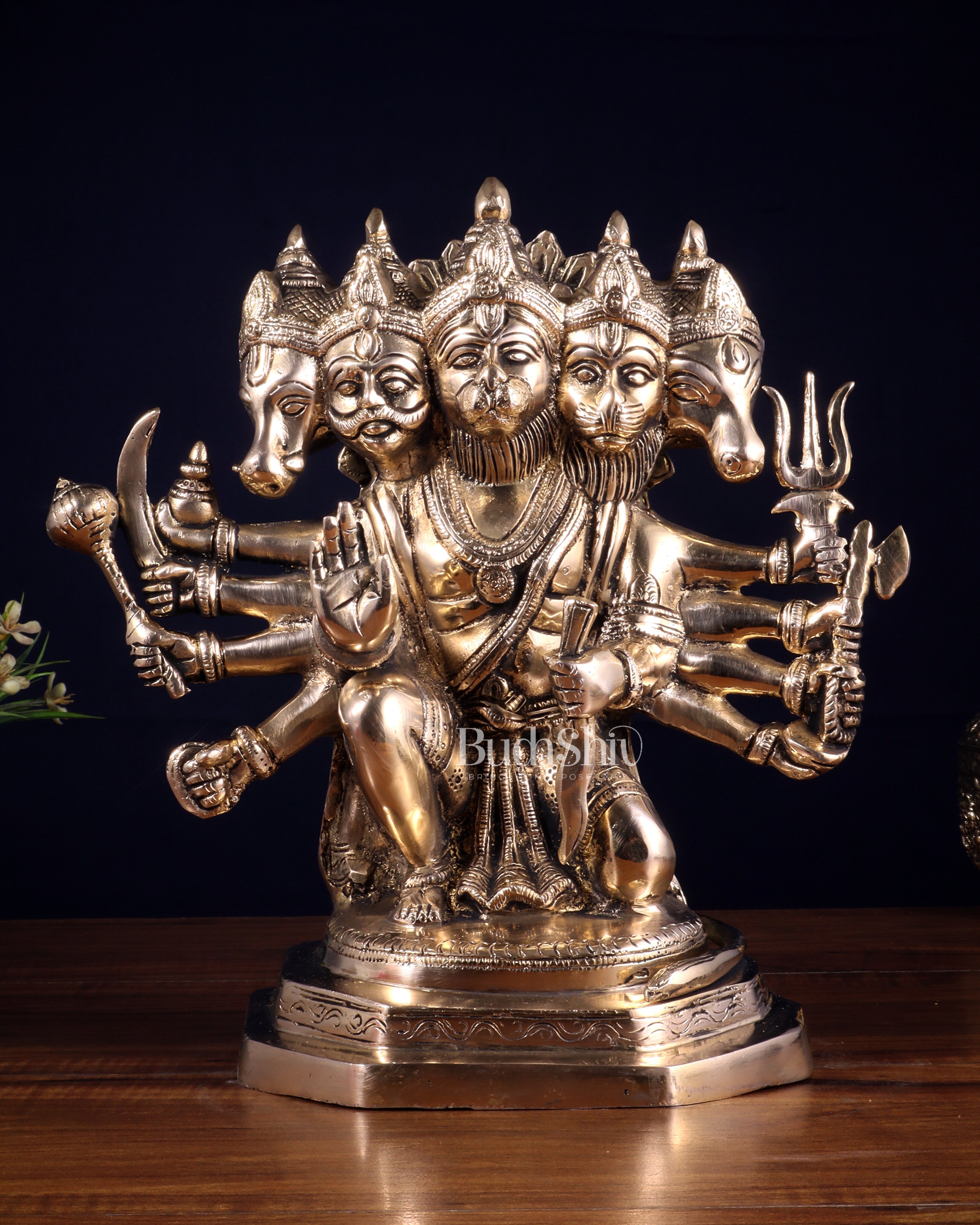 Brass Panchmukhi Hanuman Sculpture - 11" Glossy finish
