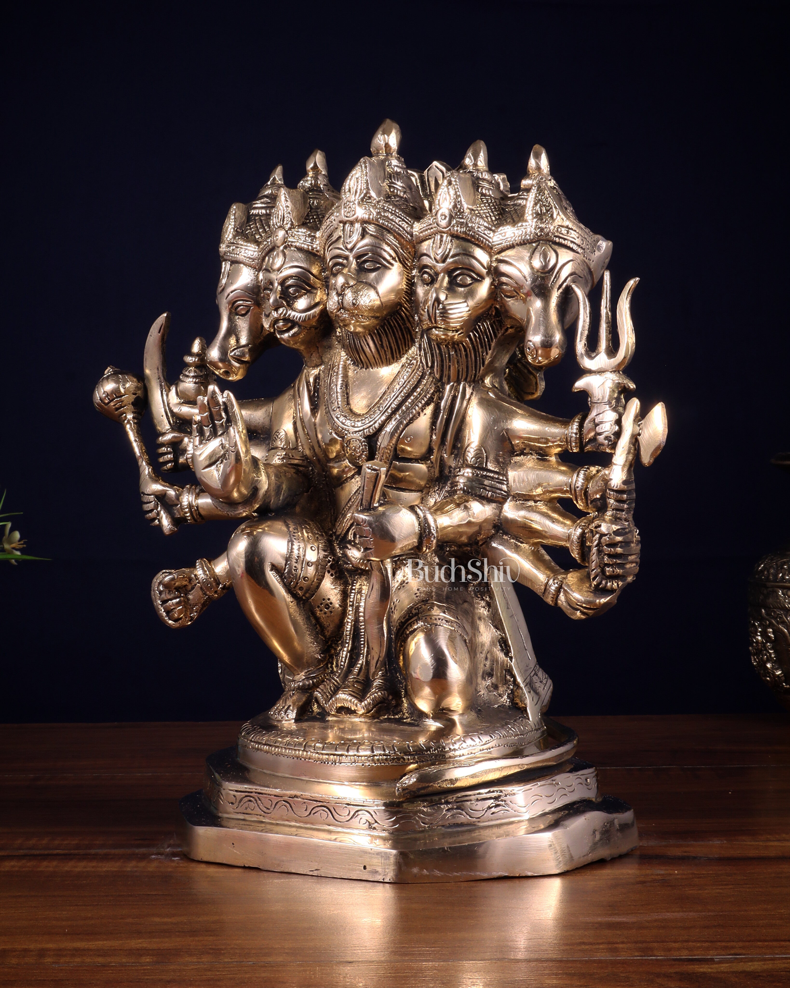 Brass Panchmukhi Hanuman Sculpture - 11" Glossy finish