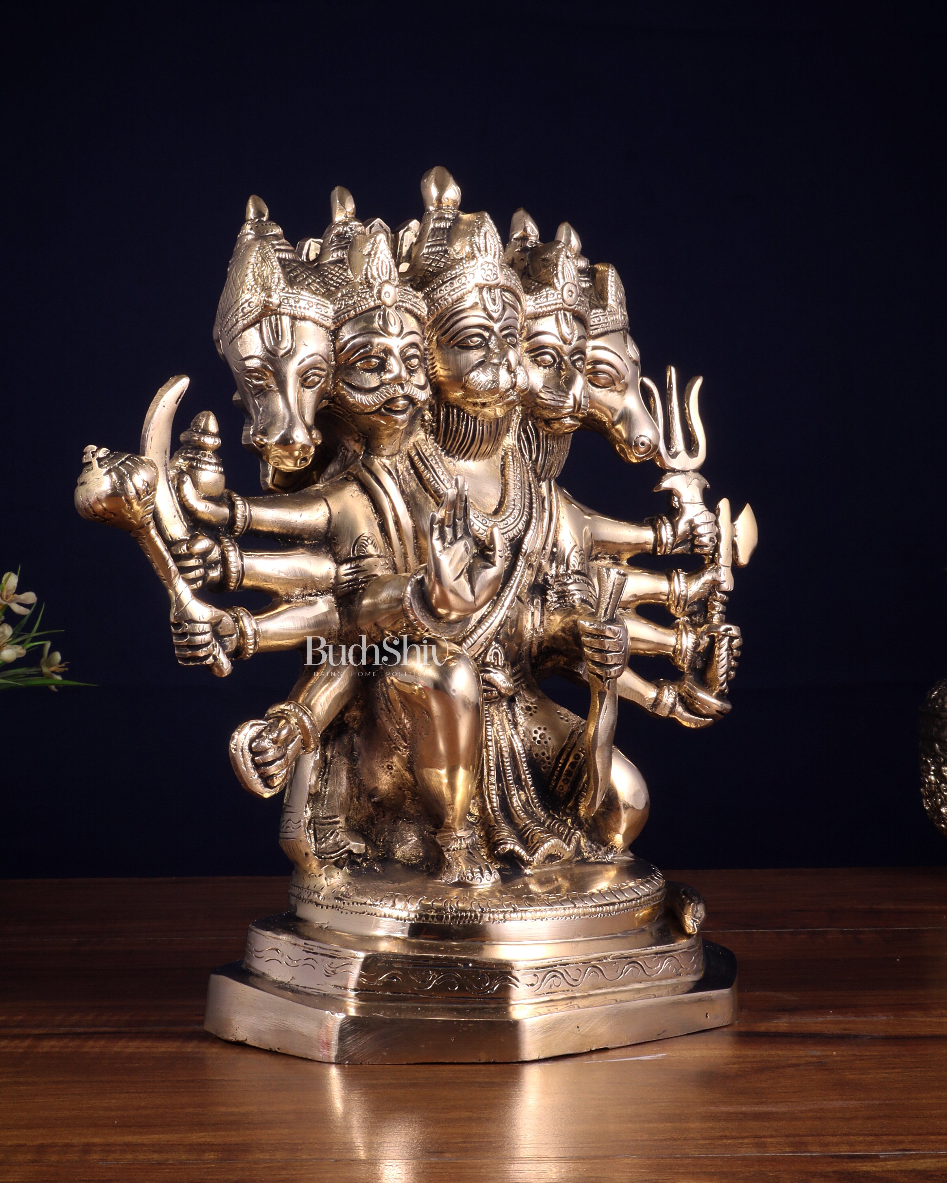 Brass Panchmukhi Hanuman Sculpture - 11" Glossy finish