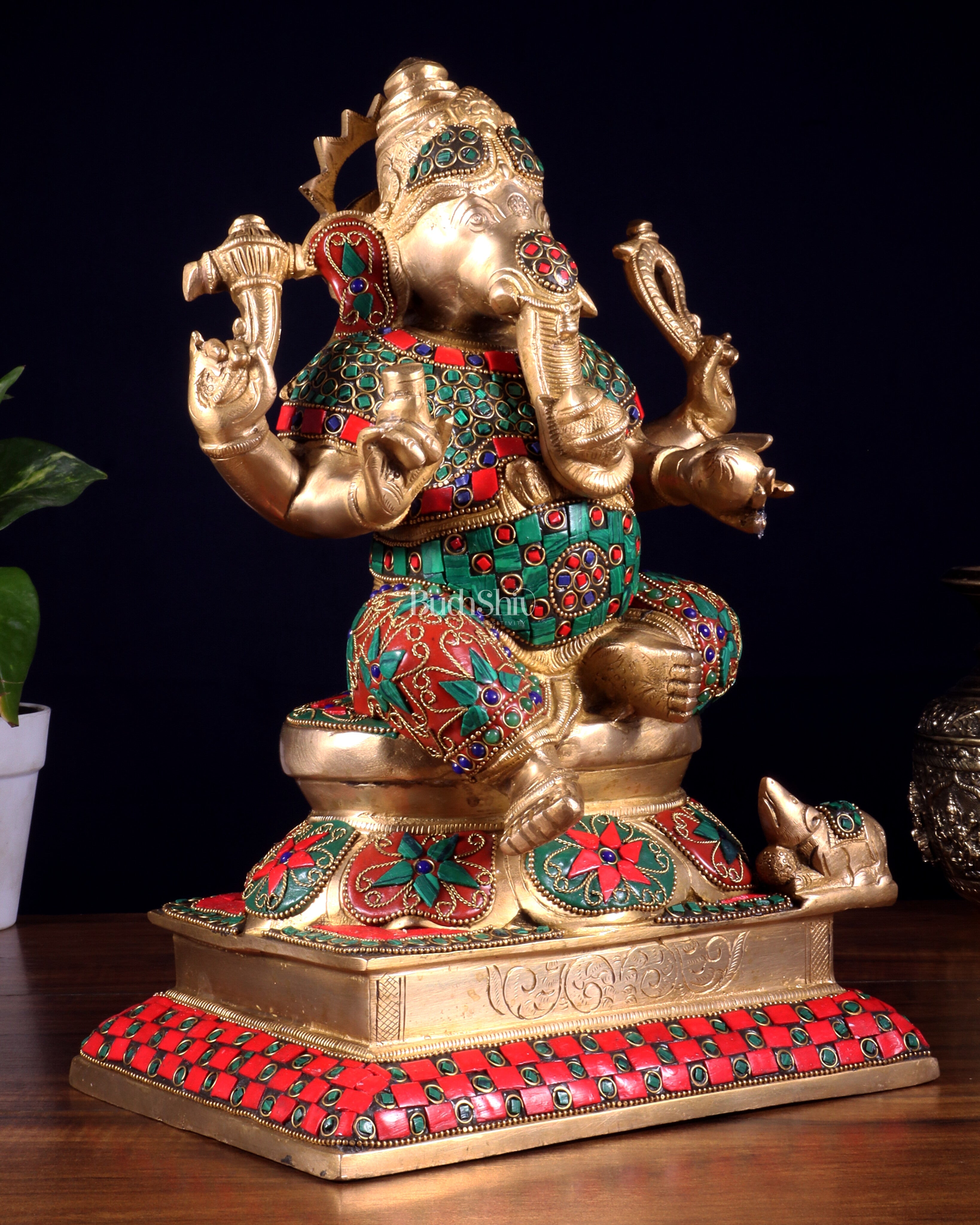 Pure Brass Vinayaka Ganapati Statue – Right Trunk valampuri | Intricate Floral Stonework (13 Inch)