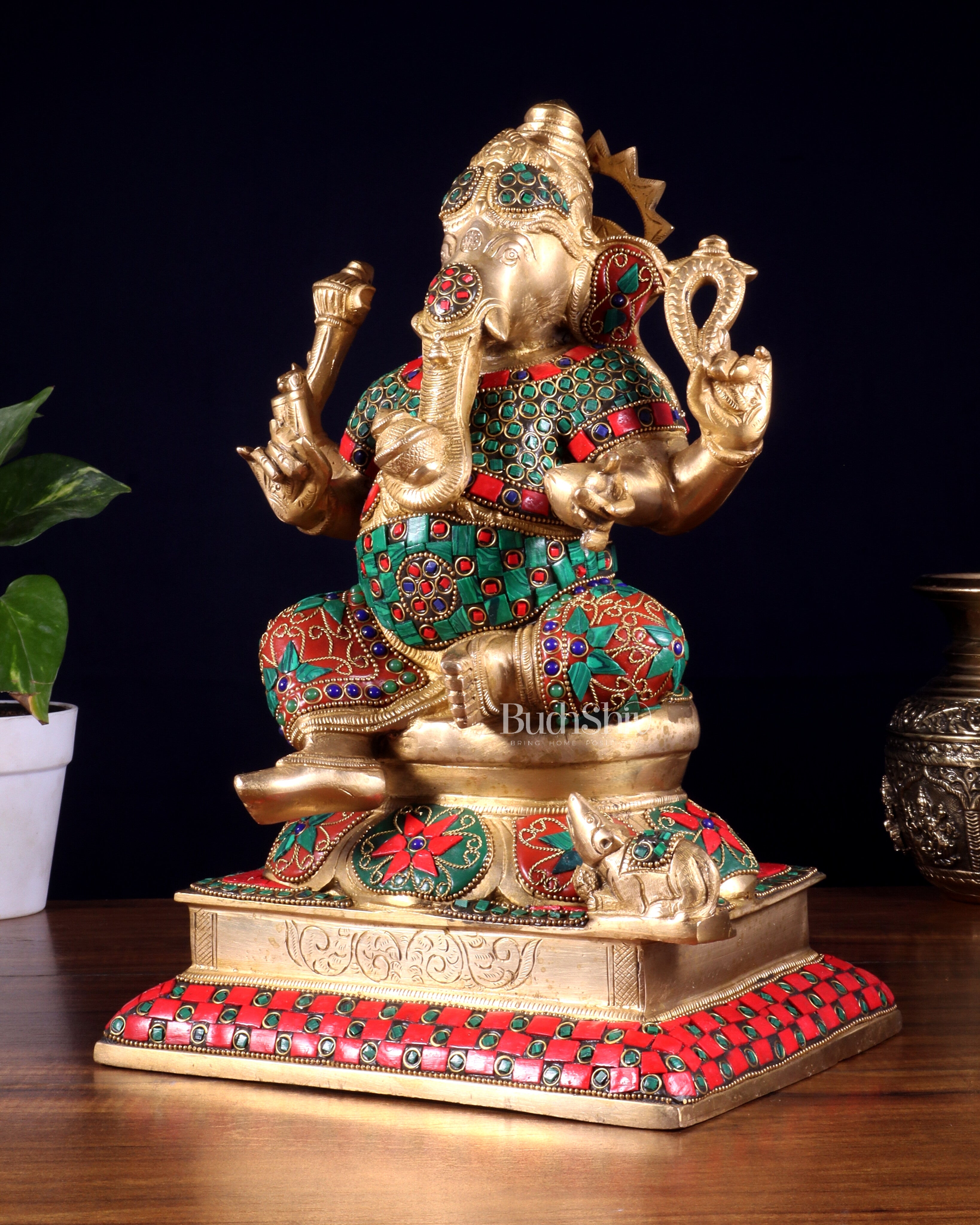 Pure Brass Vinayaka Ganapati Statue – Right Trunk valampuri | Intricate Floral Stonework (13 Inch)