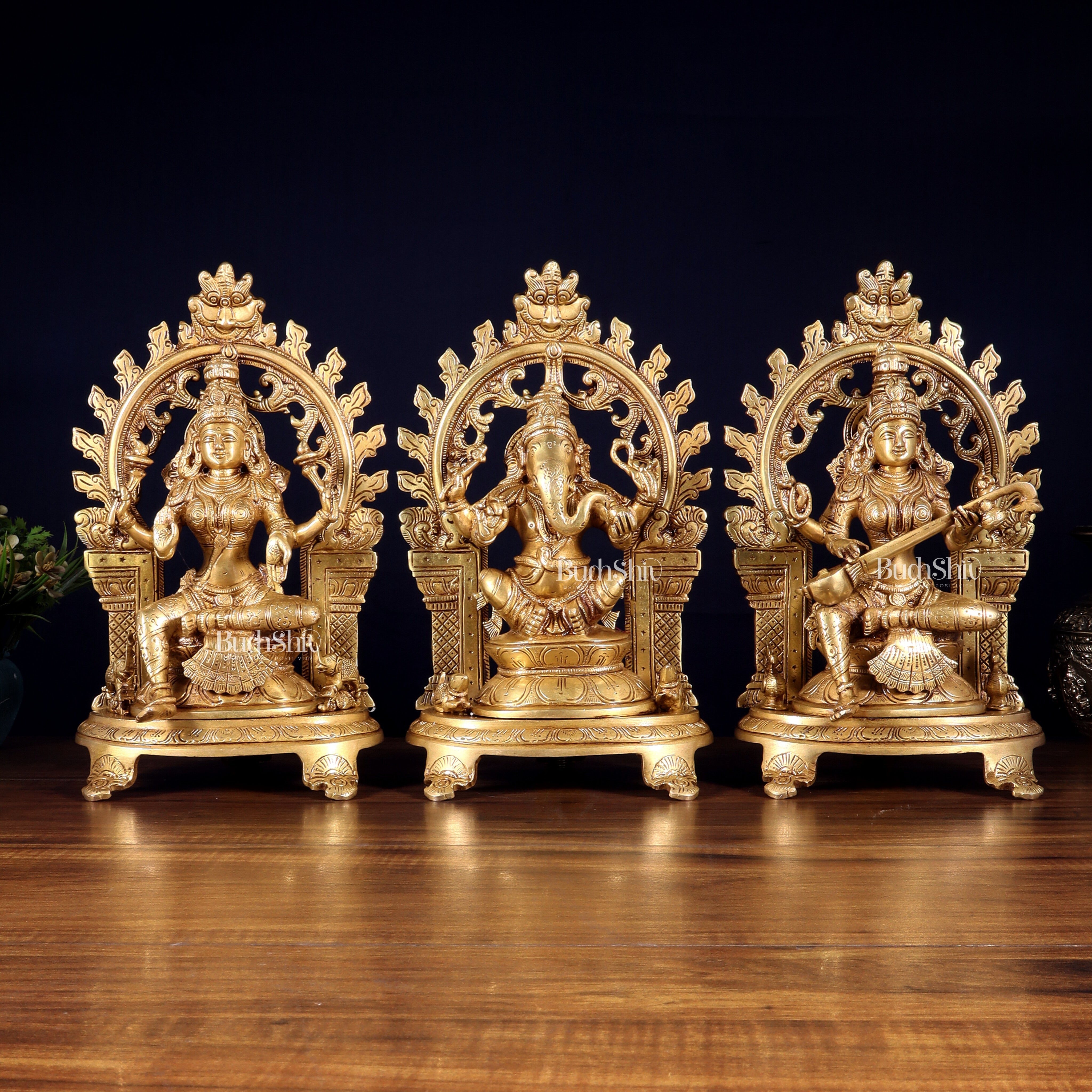 Pure Brass Ganesh, Lakshmi, Saraswati with Prabhavali Idols 12"