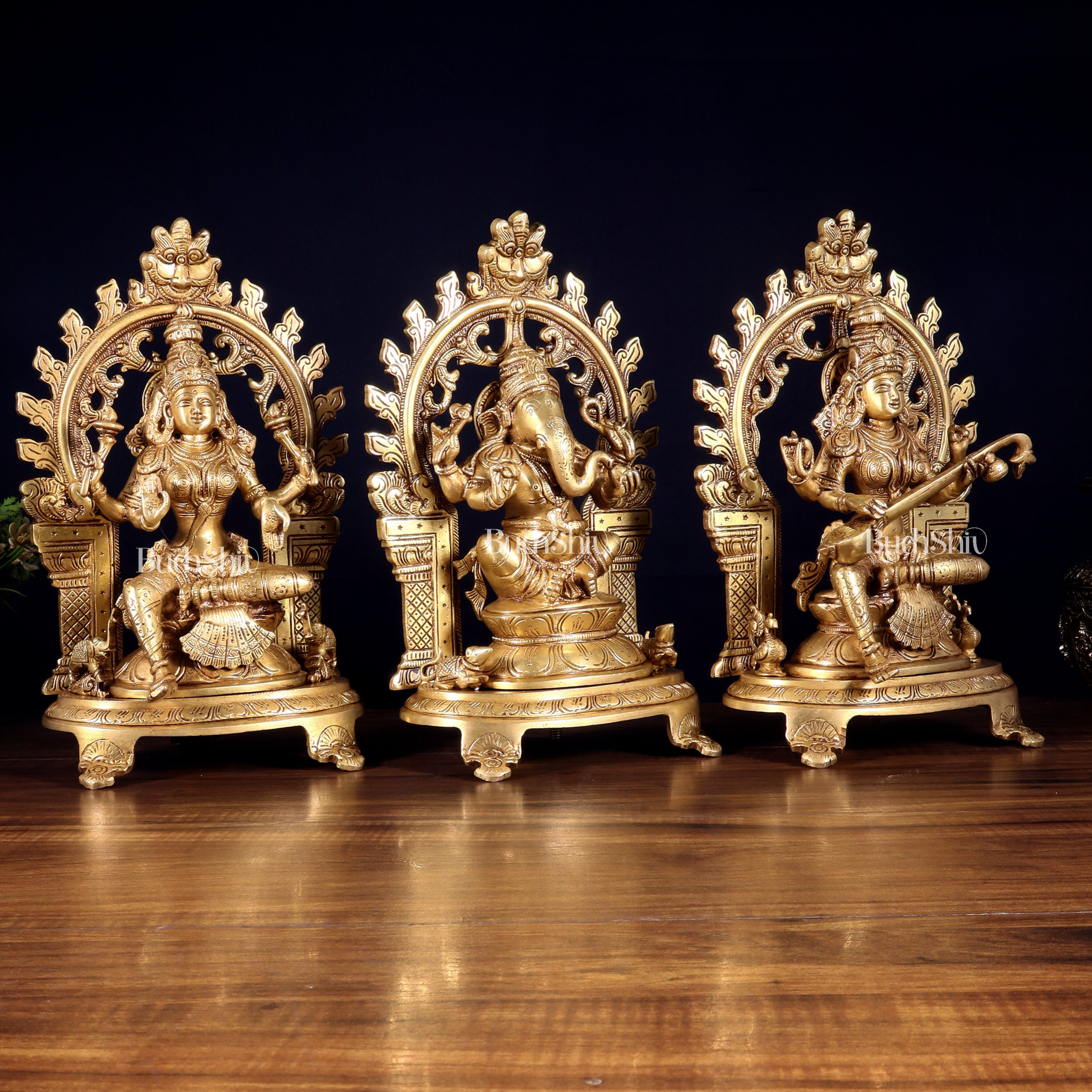 Pure Brass Ganesh, Lakshmi, Saraswati with Prabhavali Idols 12"