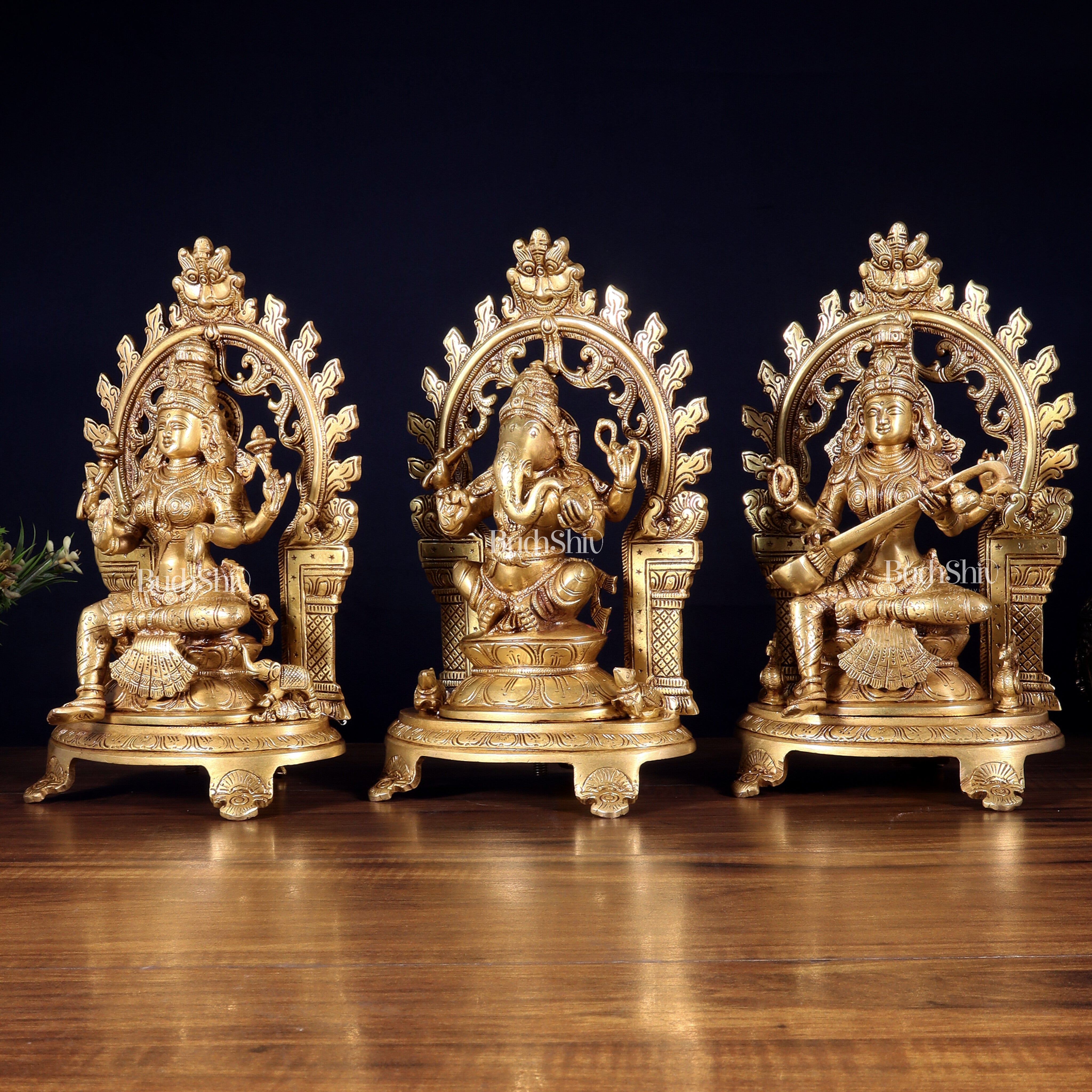 Pure Brass Ganesh, Lakshmi, Saraswati with Prabhavali Idols 12"