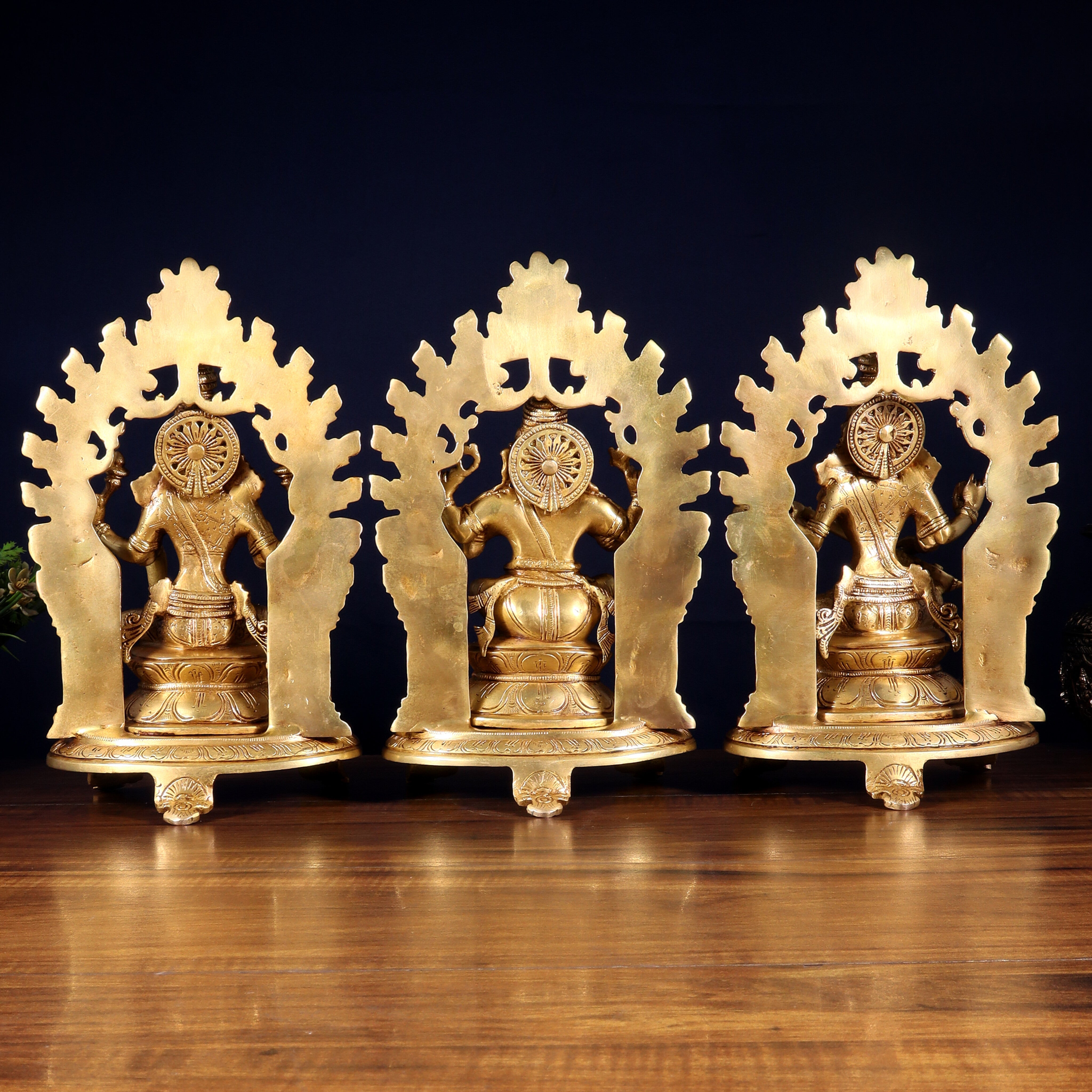 Pure Brass Ganesh, Lakshmi, Saraswati with Prabhavali Idols 12"