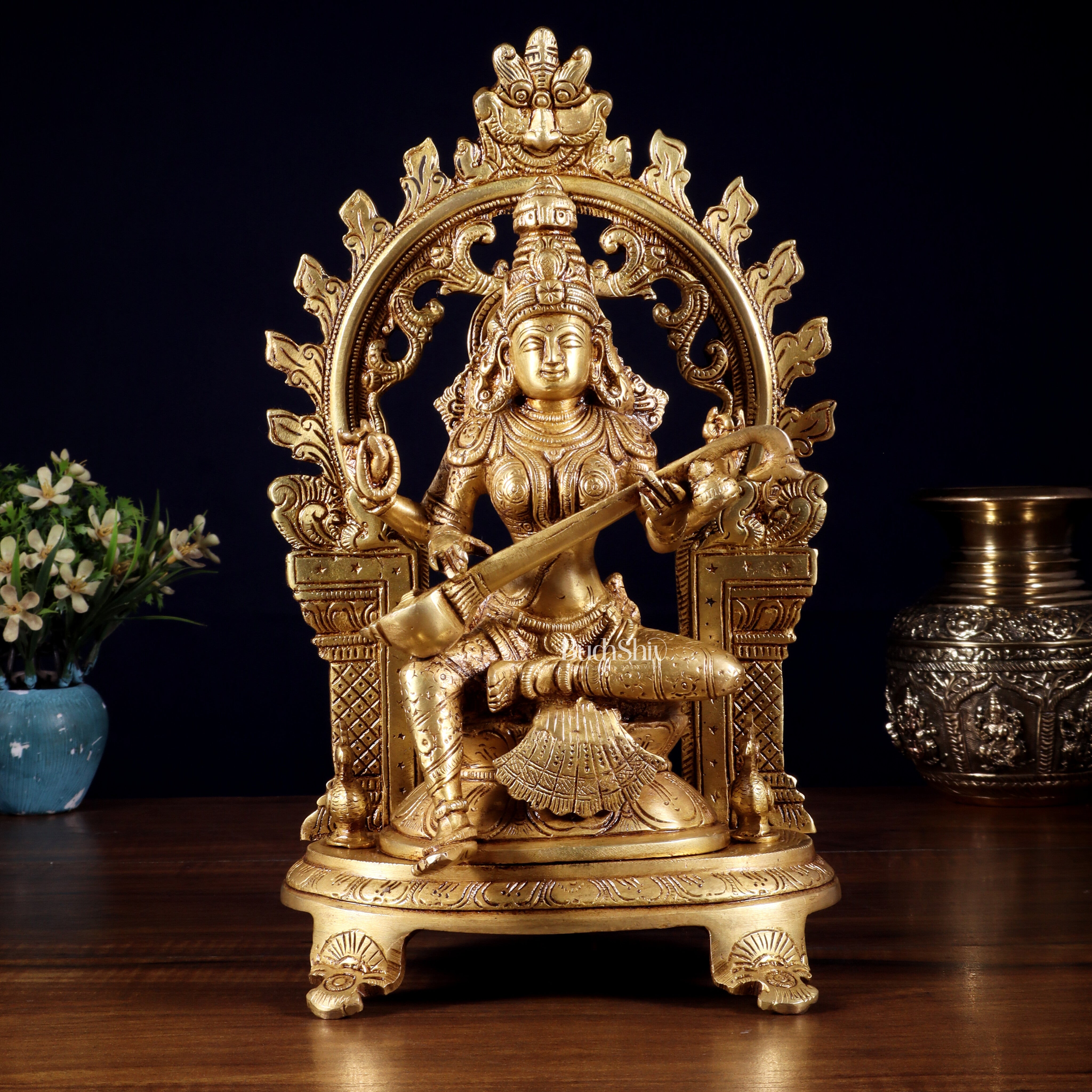 Pure Brass Ganesh, Lakshmi, Saraswati with Prabhavali Idols 12"