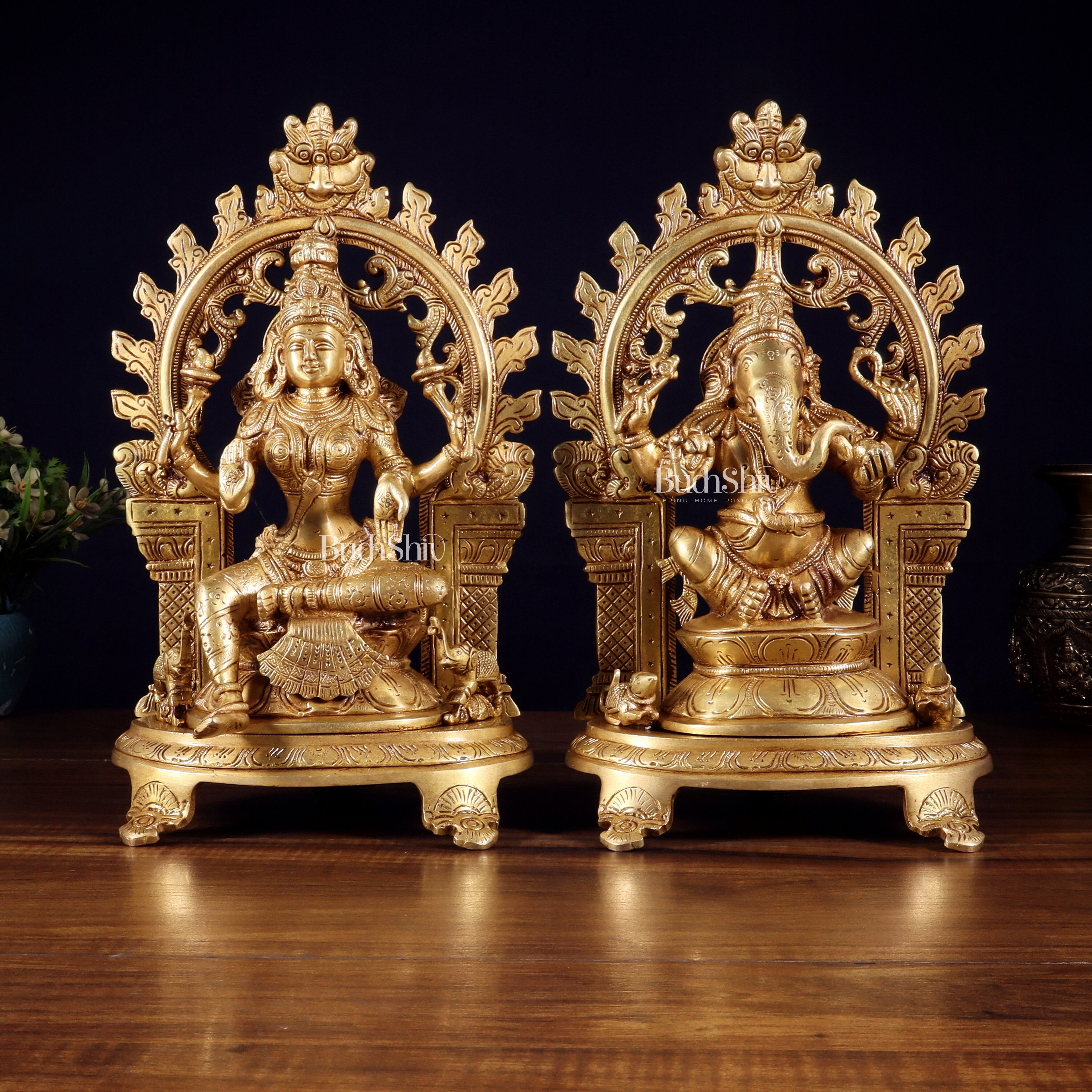Pure Brass Lord Ganesha & Goddess Lakshmi Idol Pair with Prabhavali | 12 Inch