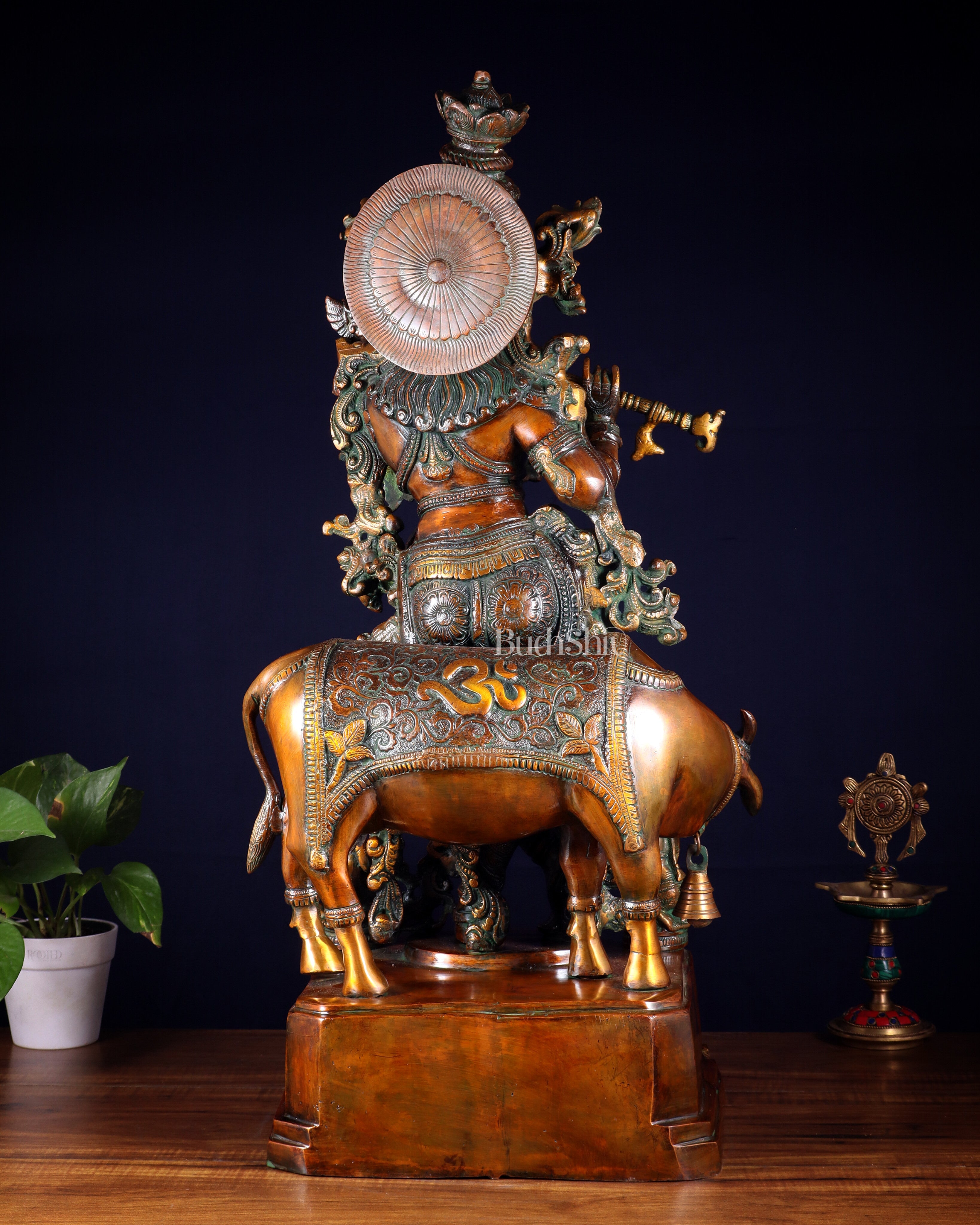 Brass large Krishna with cow statue 28" double chola tone