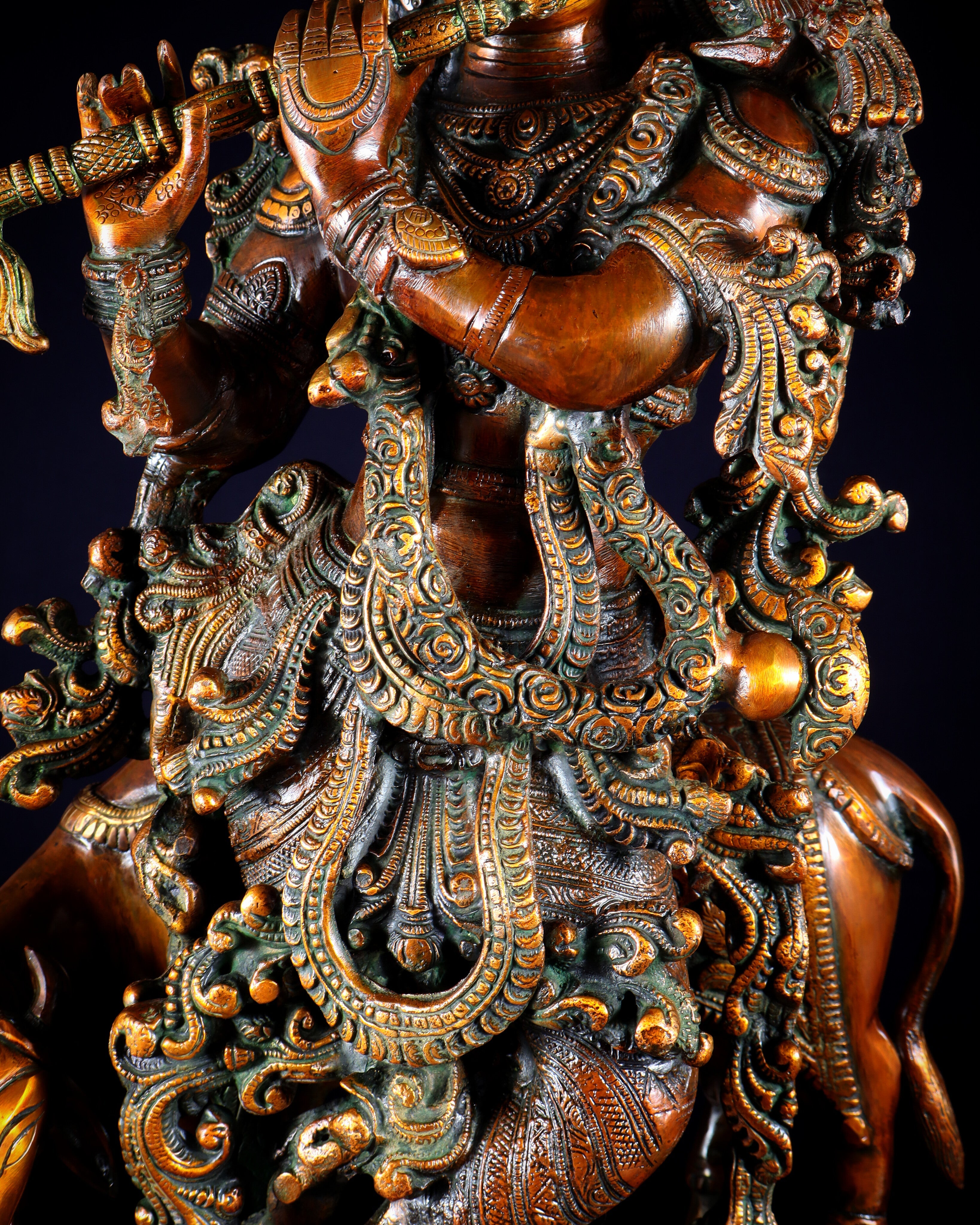 Brass large Krishna with cow statue 28" double chola tone