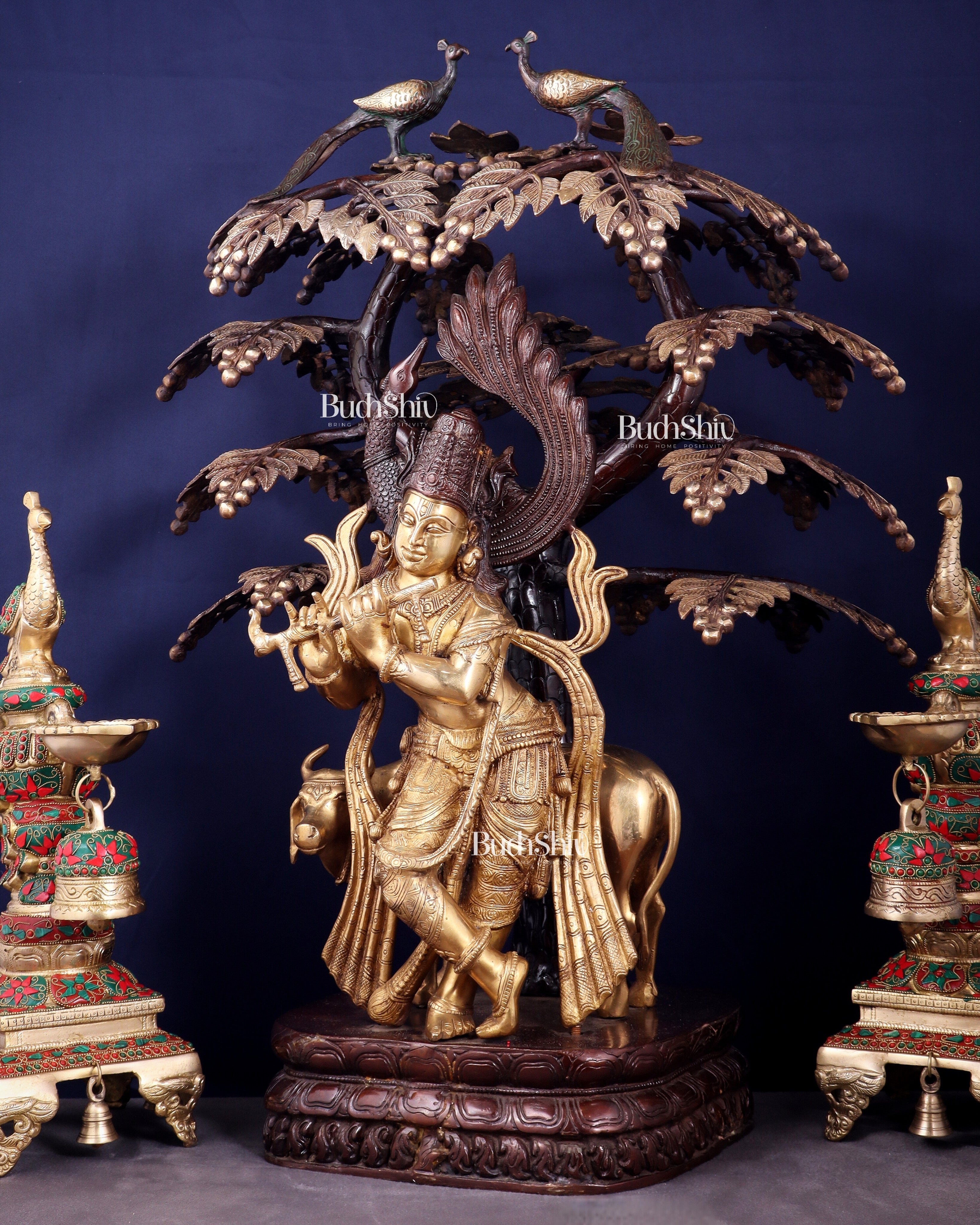 Brass Lord Krishna with Cow under Kalpavriksha – Large Statue 33" glossy copper and gold tone
