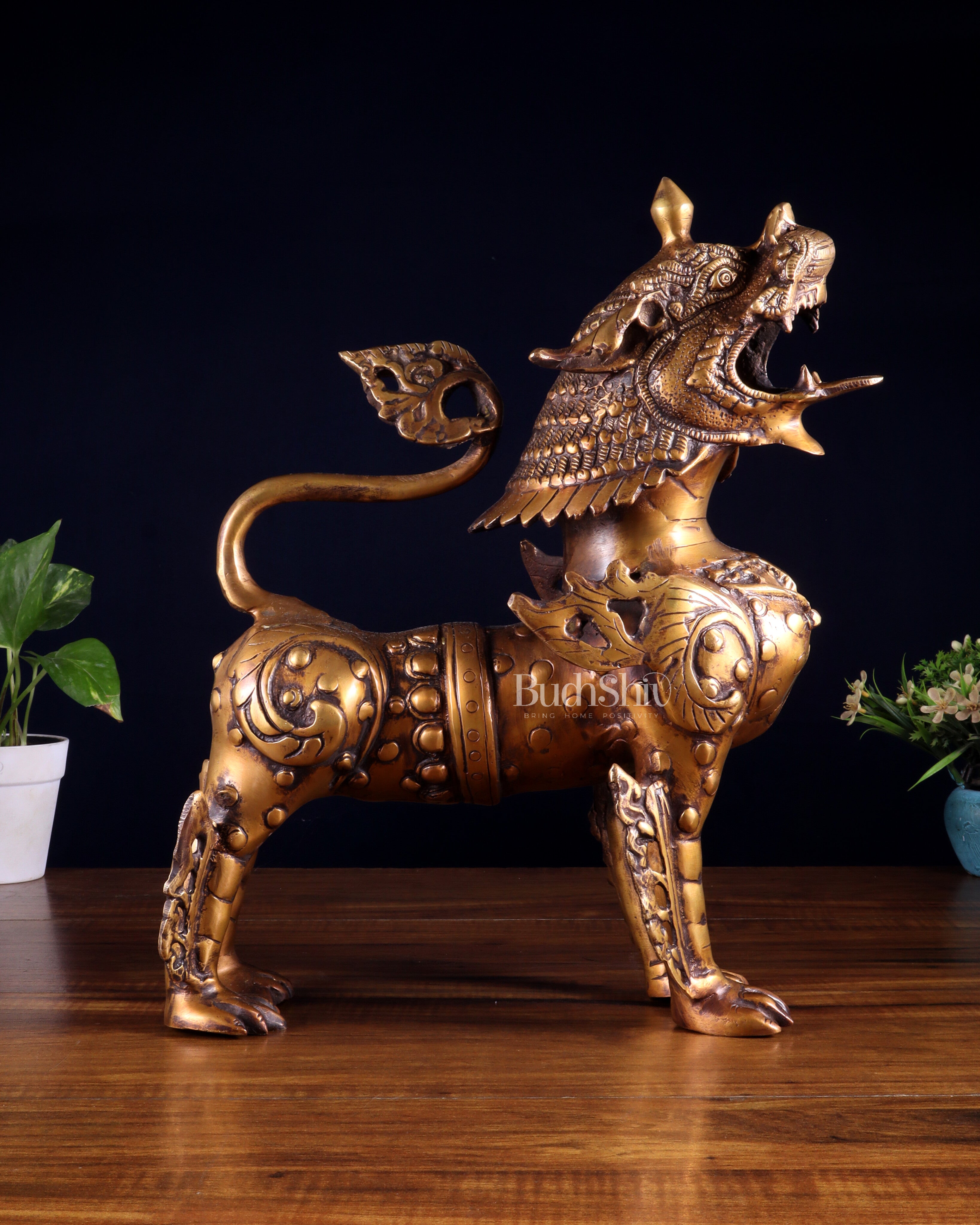 Vintage Brass Tibetan Snow Lion Statue 14.5 inch
