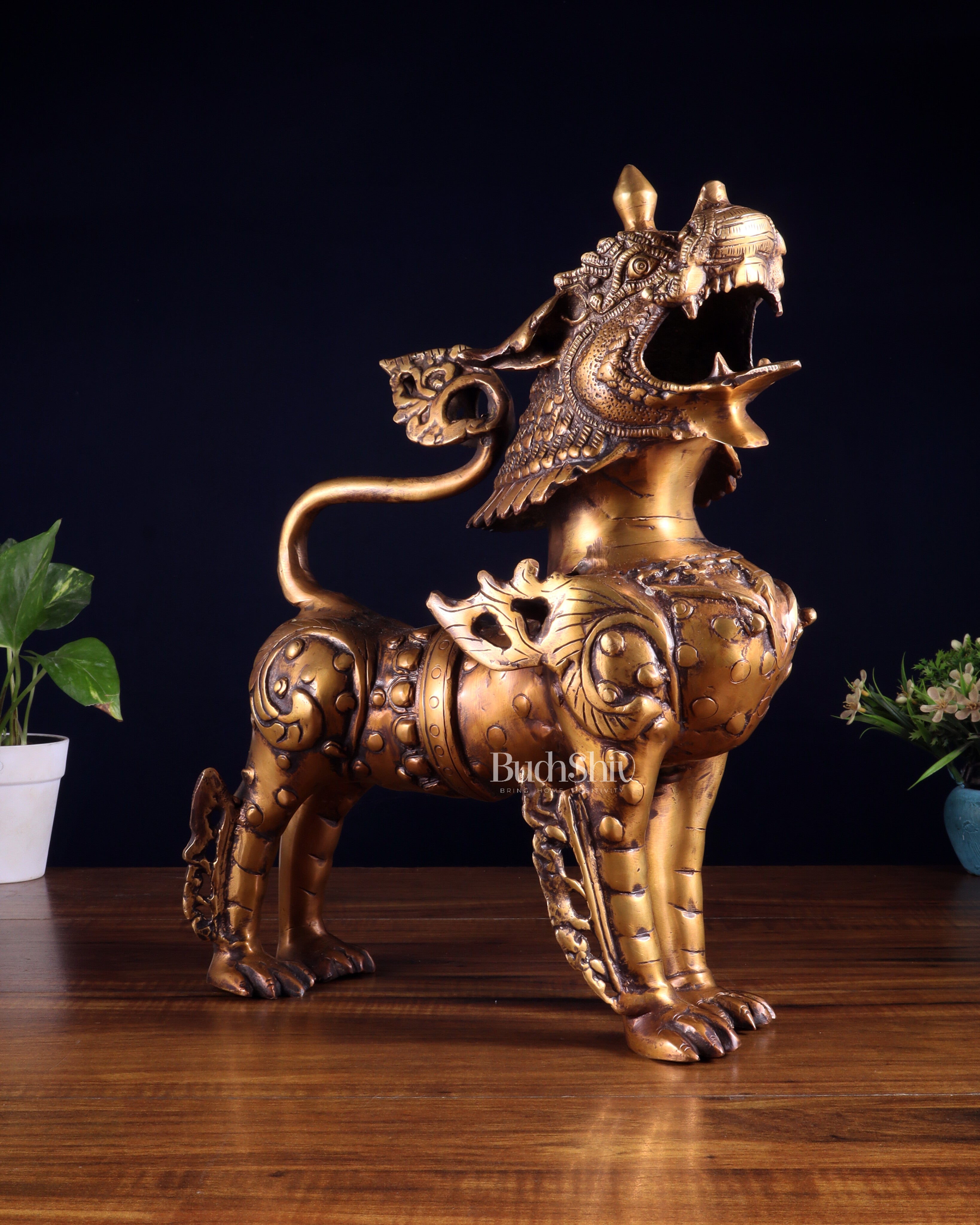 Vintage Brass Tibetan Snow Lion Statue 14.5 inch