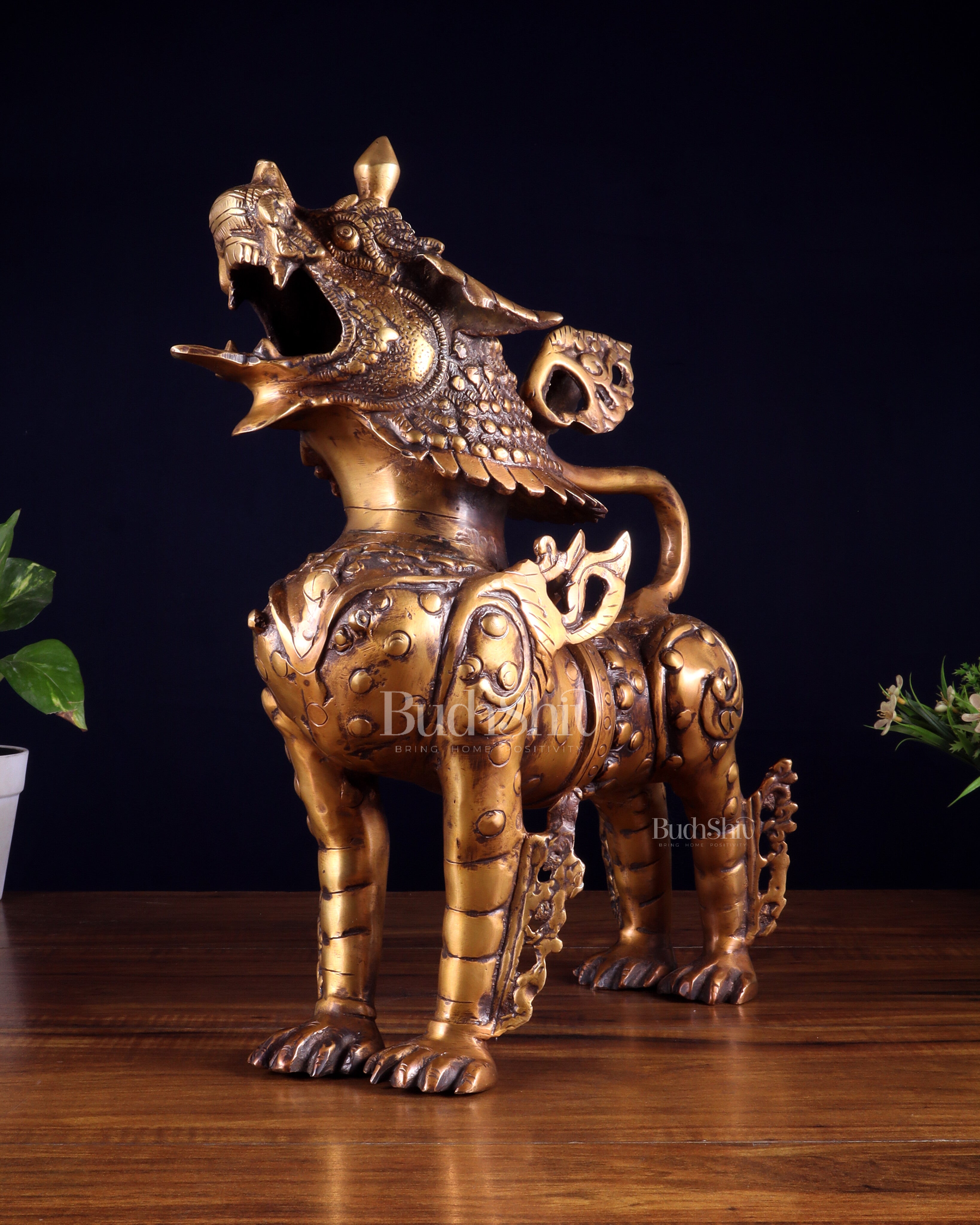 Vintage Brass Tibetan Snow Lion Statue 14.5 inch