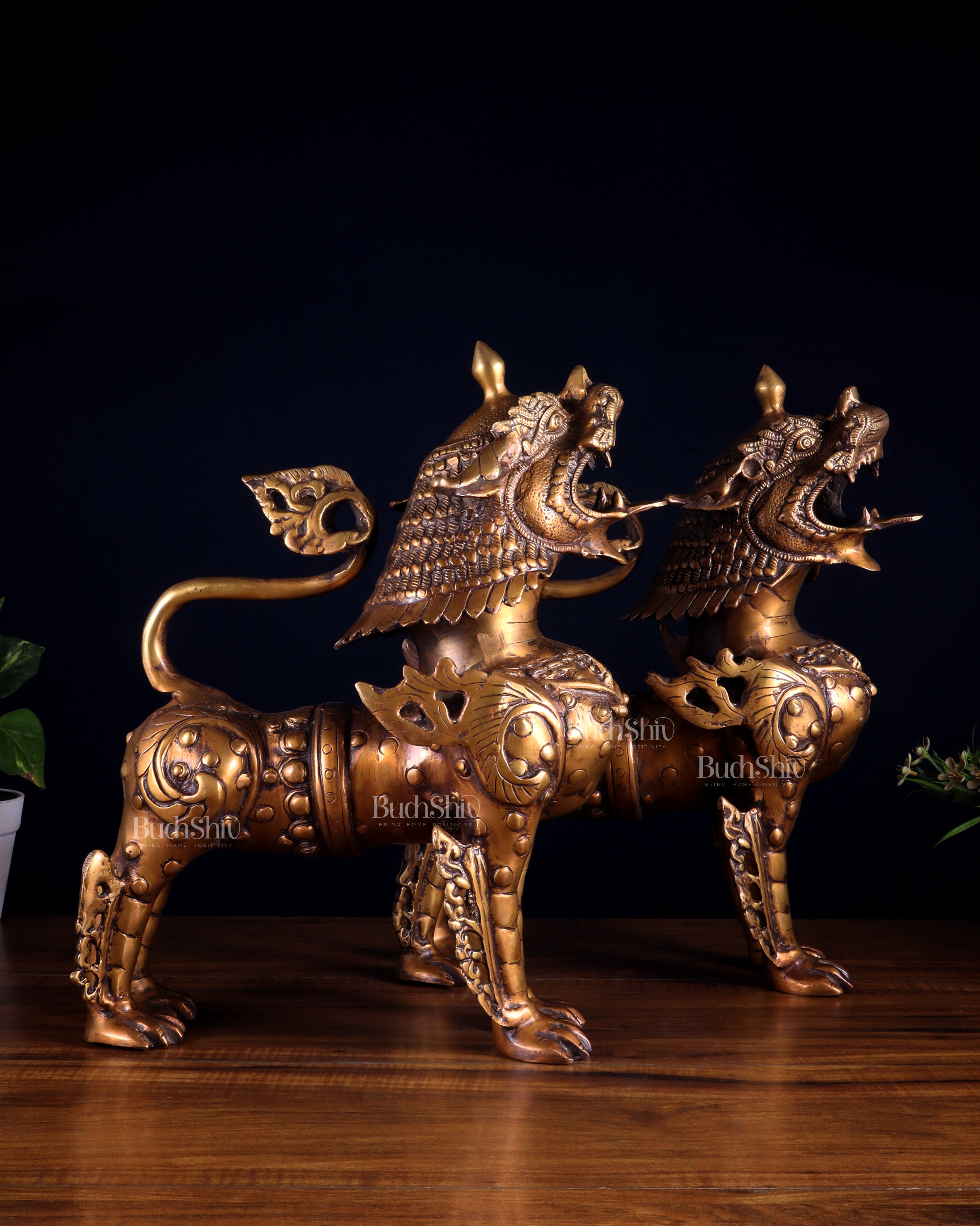 Pair of Vintage Brass Tibetan Snow Lion Statues 14.5 inch