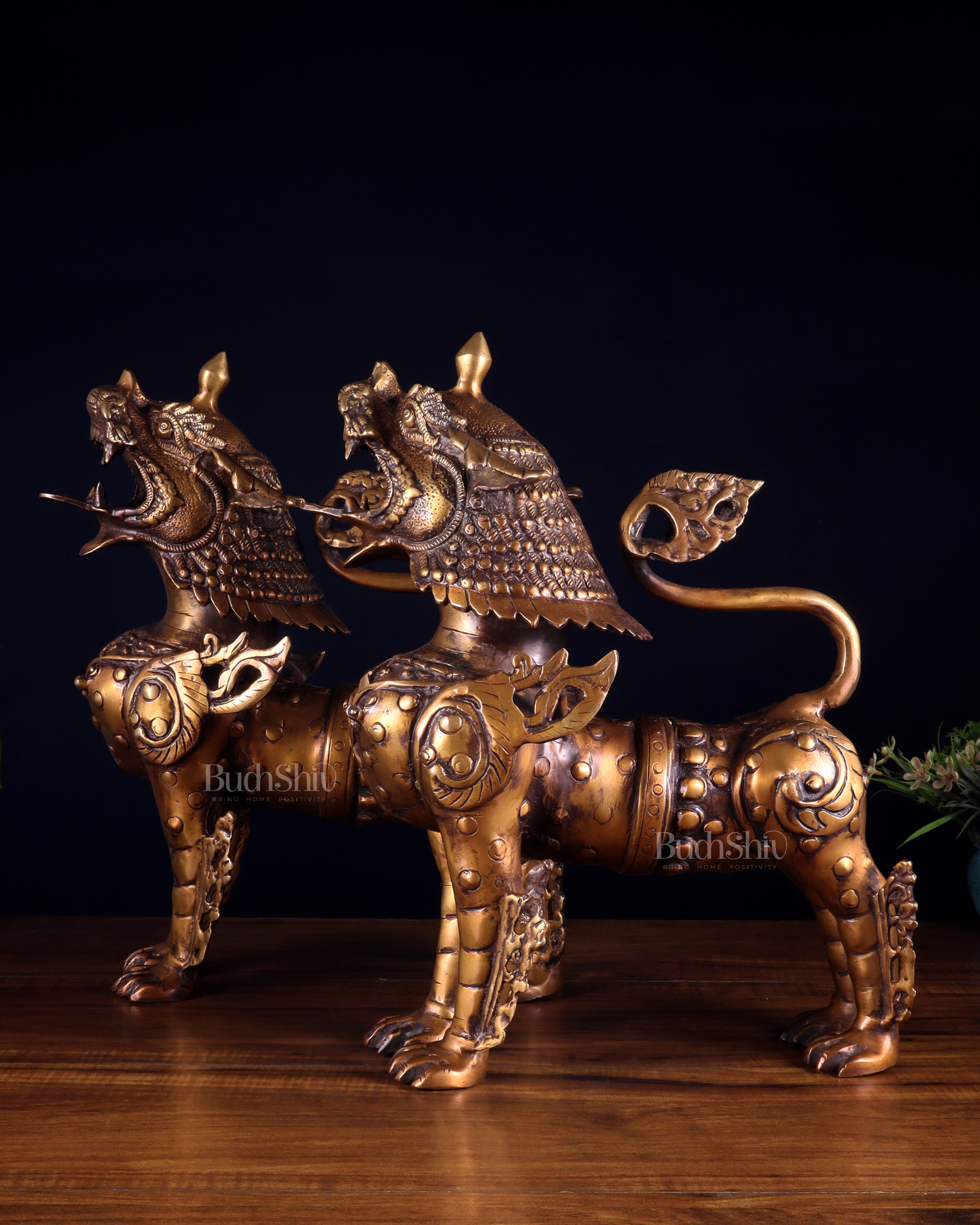 Pair of Vintage Brass Tibetan Snow Lion Statues 14.5 inch