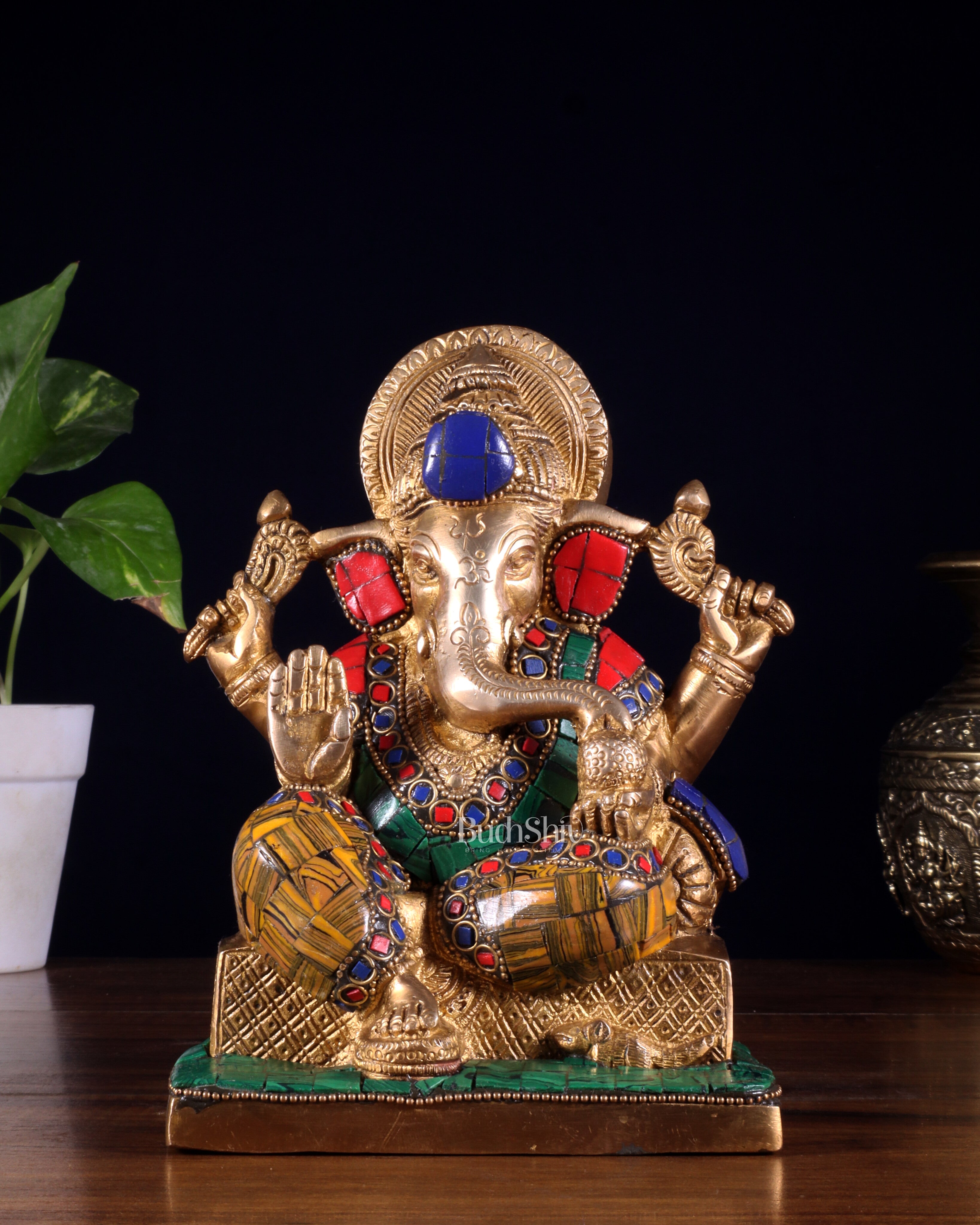 Brass Lord Ganesha Idol with Stonework | Height 7.5 inch
