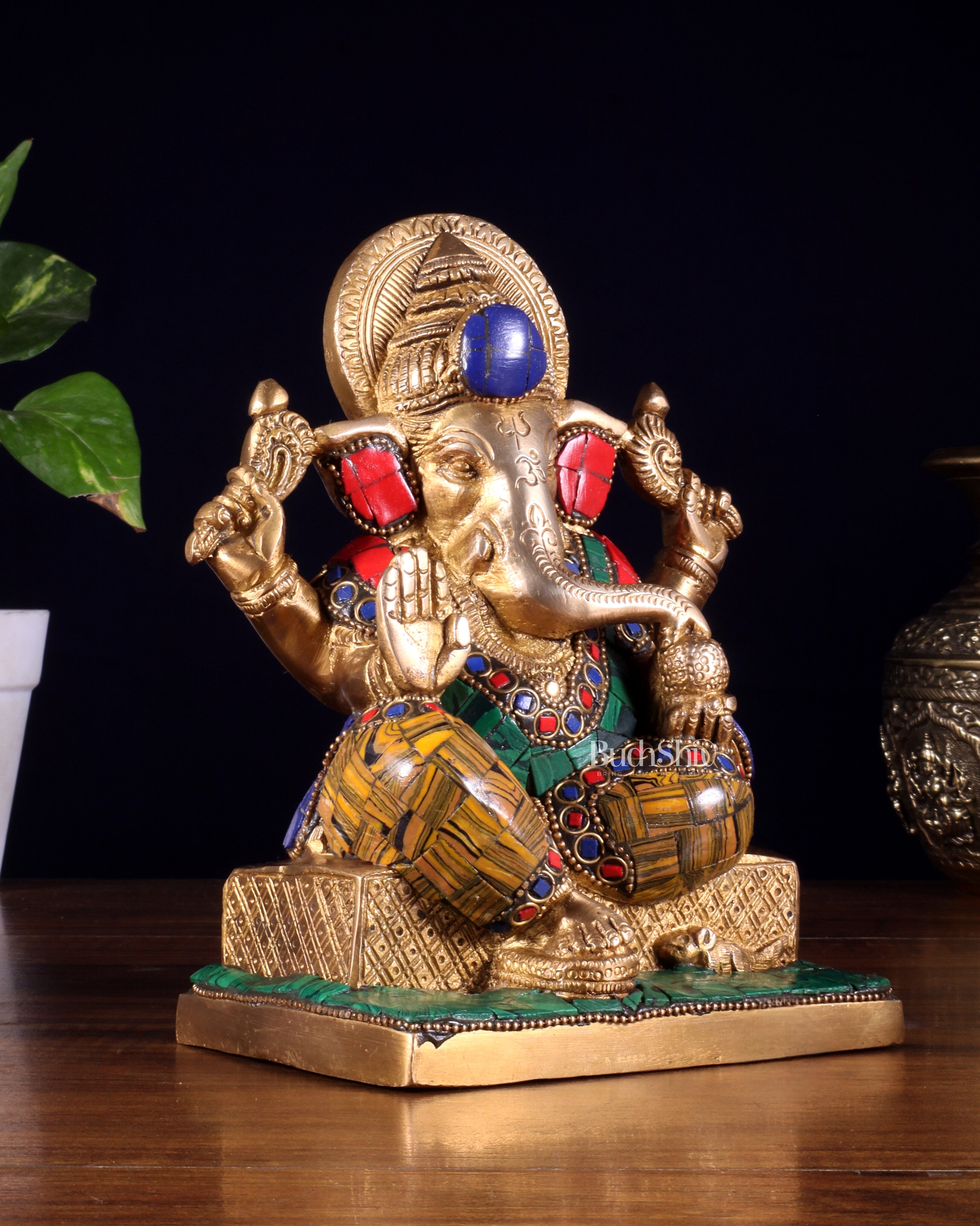 Brass Lord Ganesha Idol with Stonework | Height 7.5 inch