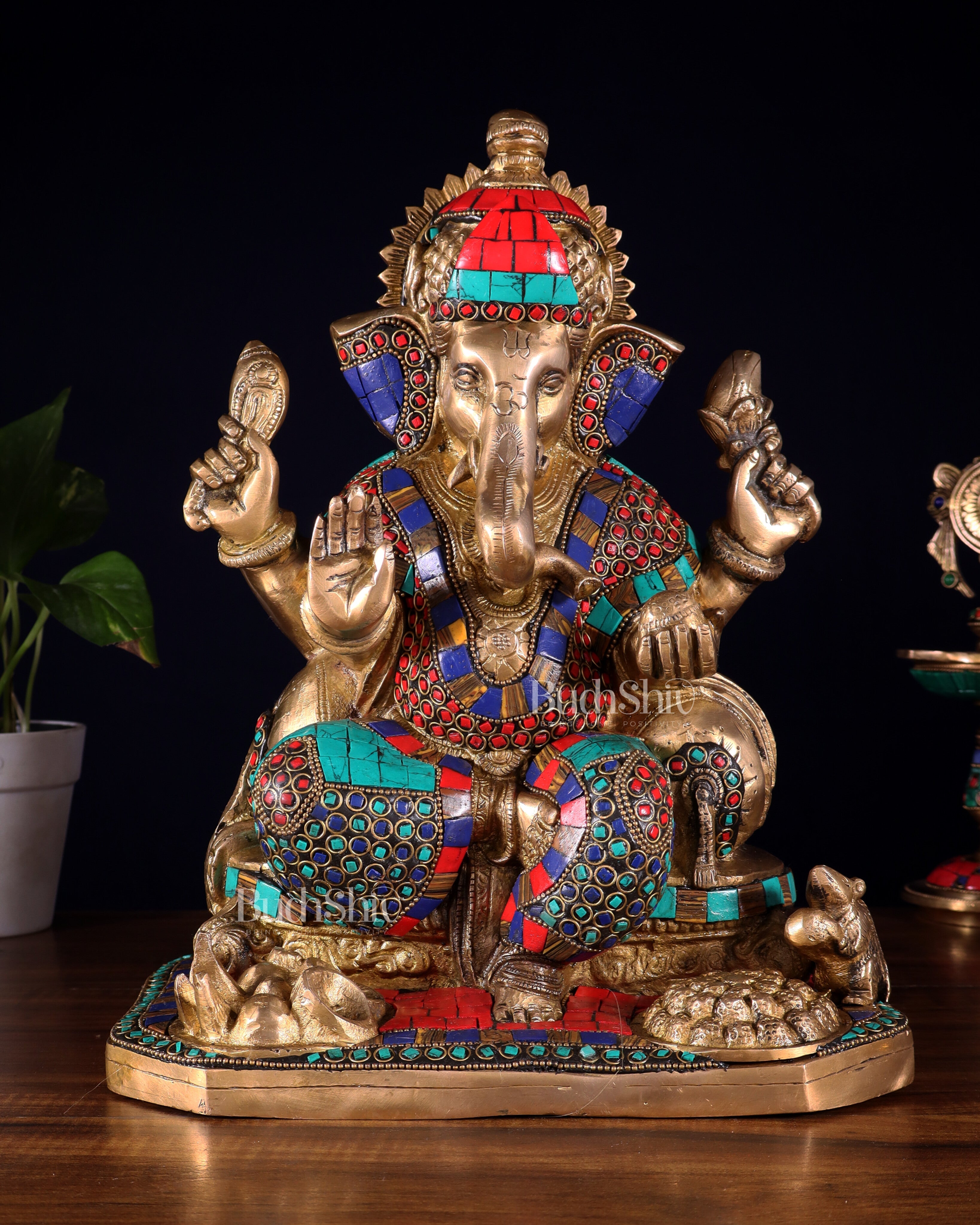 Ganesha brass statue with stonework  13"