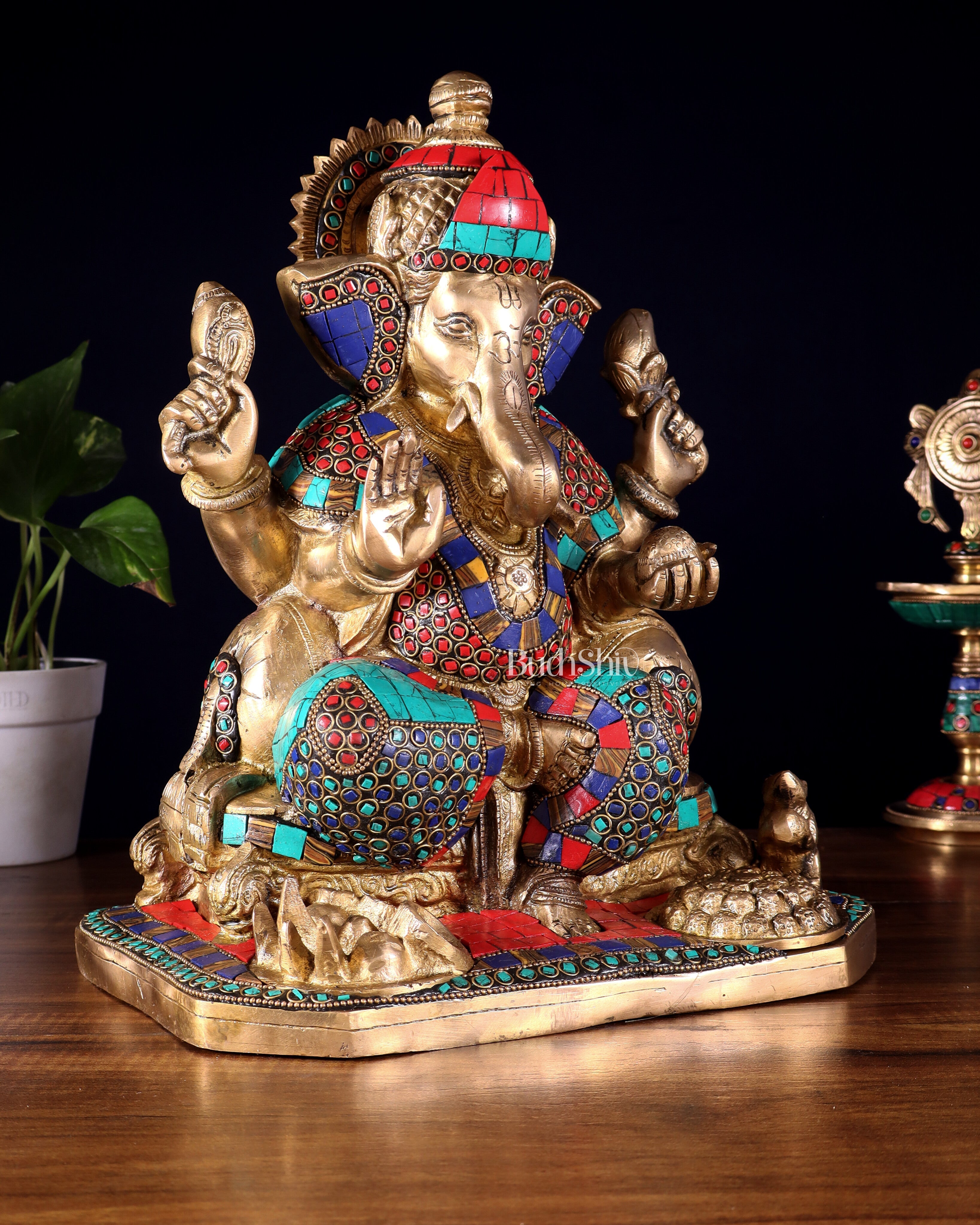 Ganesha brass statue with stonework  13"