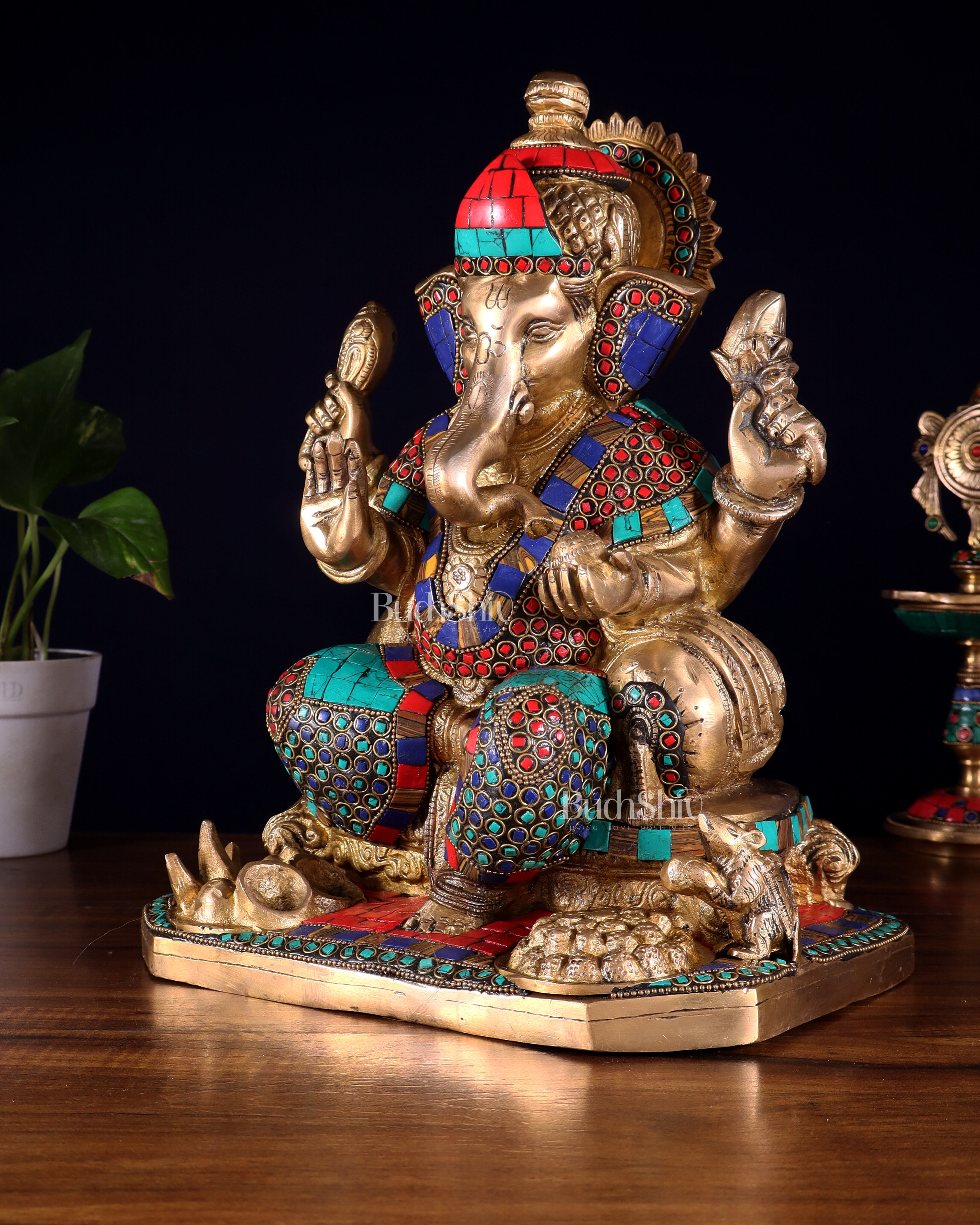 Ganesha brass statue with stonework  13"