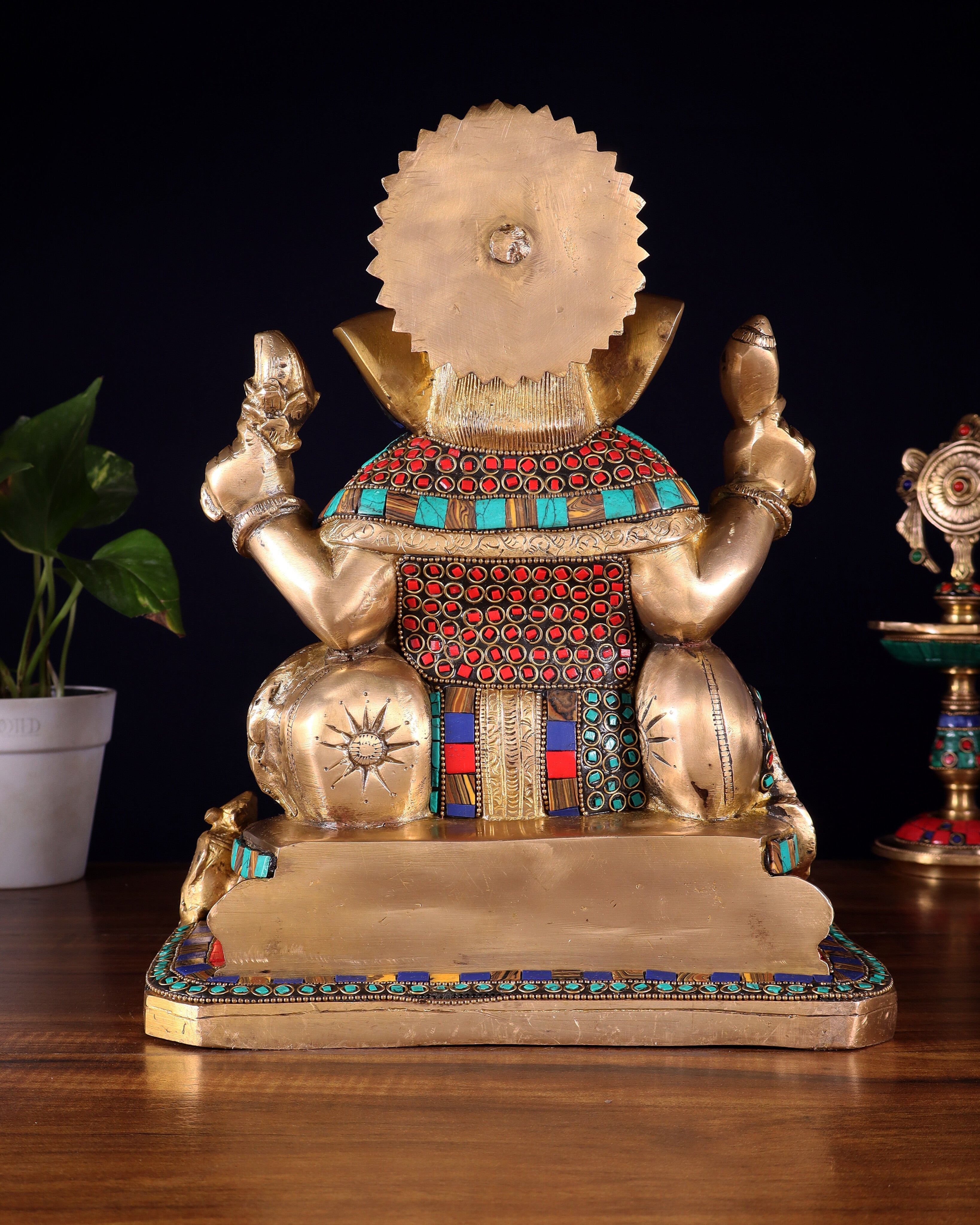 Ganesha brass statue with stonework  13"