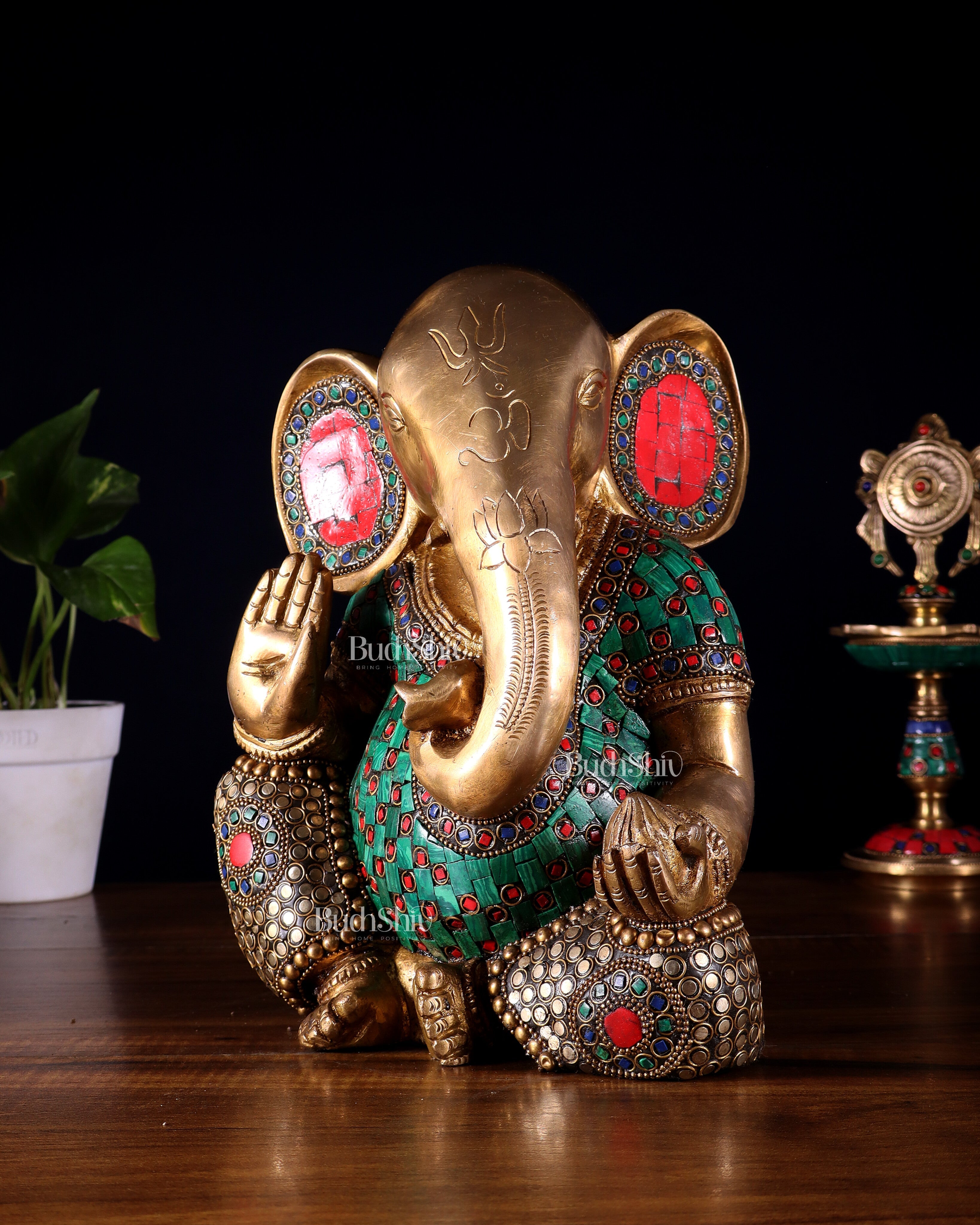 Pure Brass Modern Ganesha Idol with Abstract Design and Stonework 9.5"