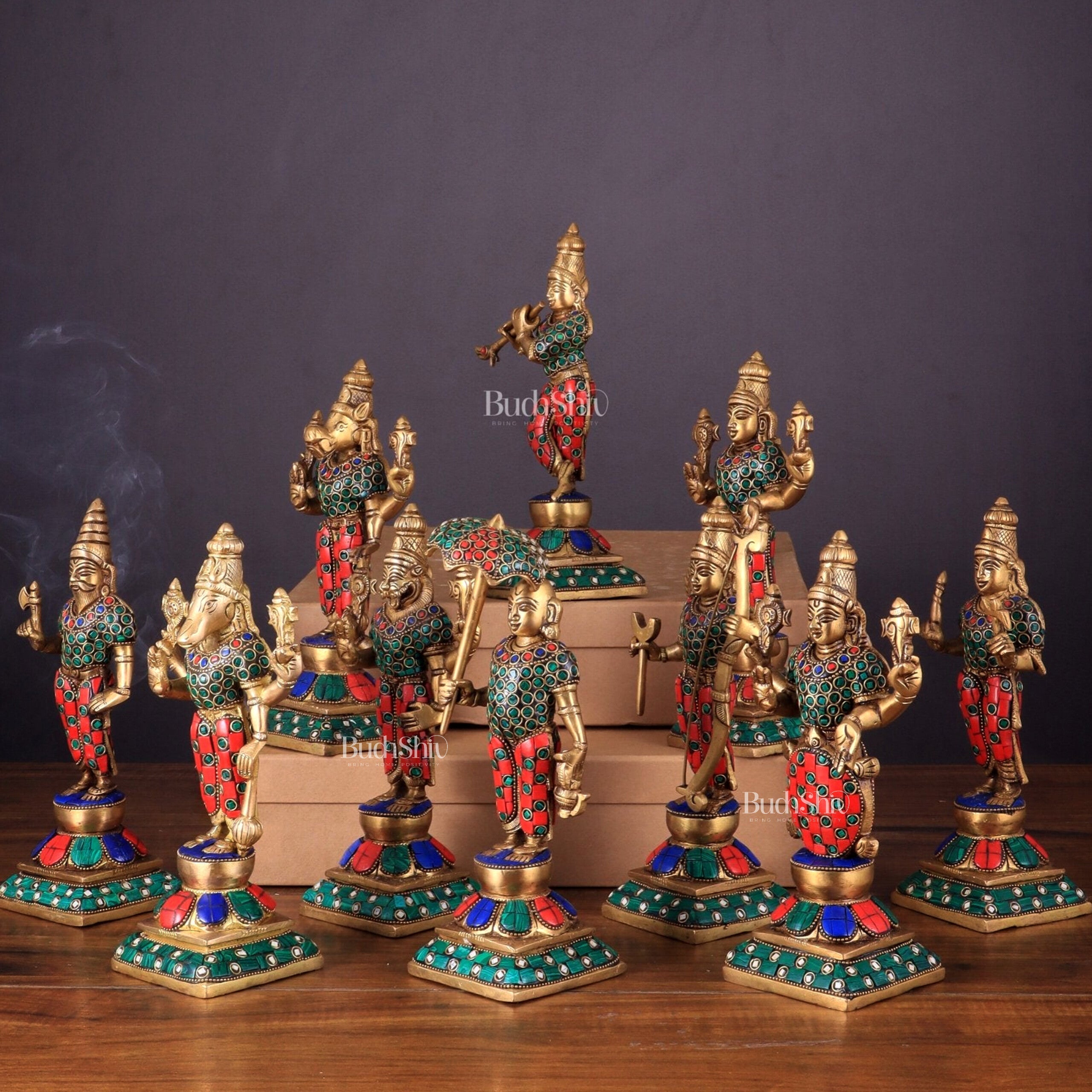Brass Vishnu Dashavatar idols set 10 inch with Stonework