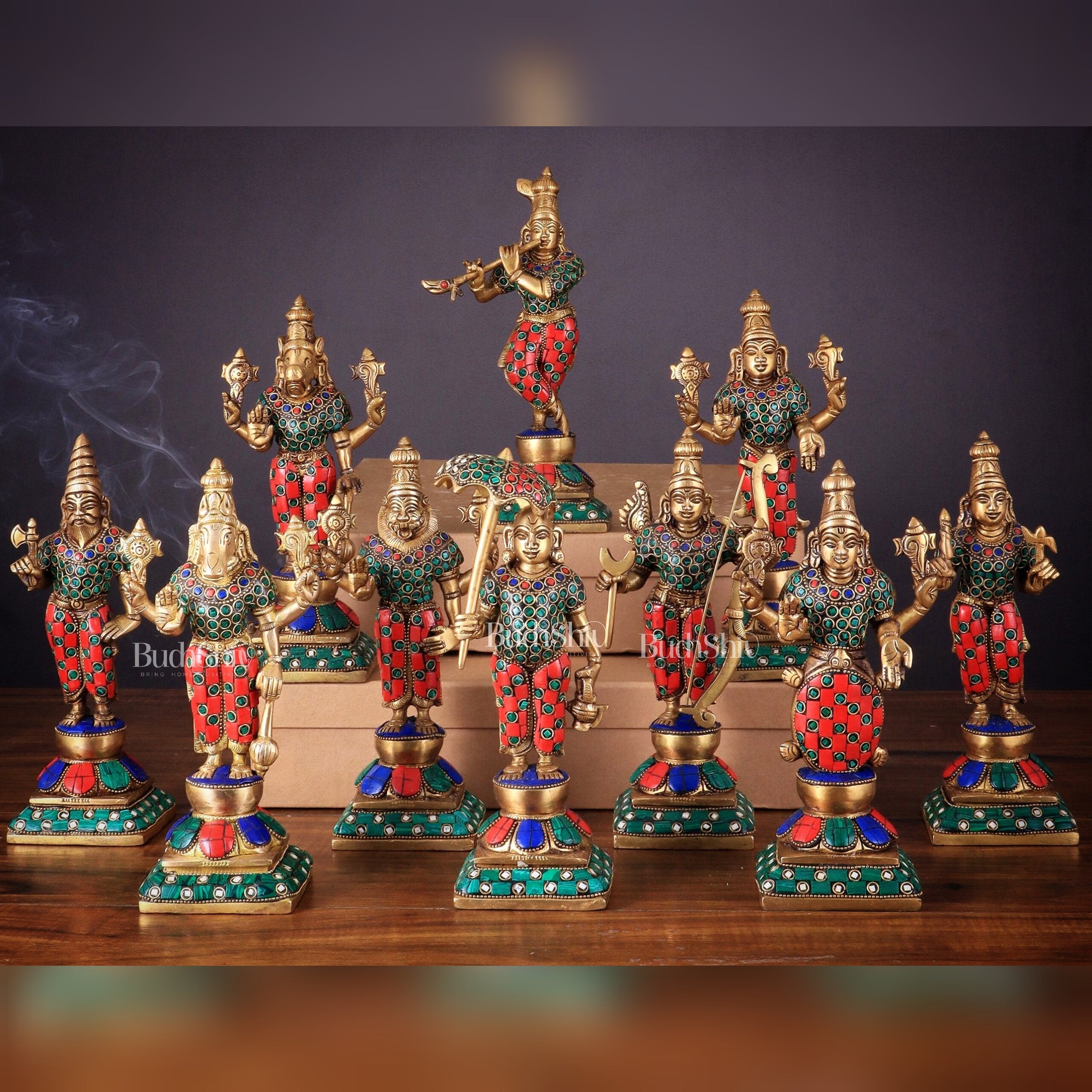 Brass Vishnu Dashavatar idols set 10 inch with Stonework
