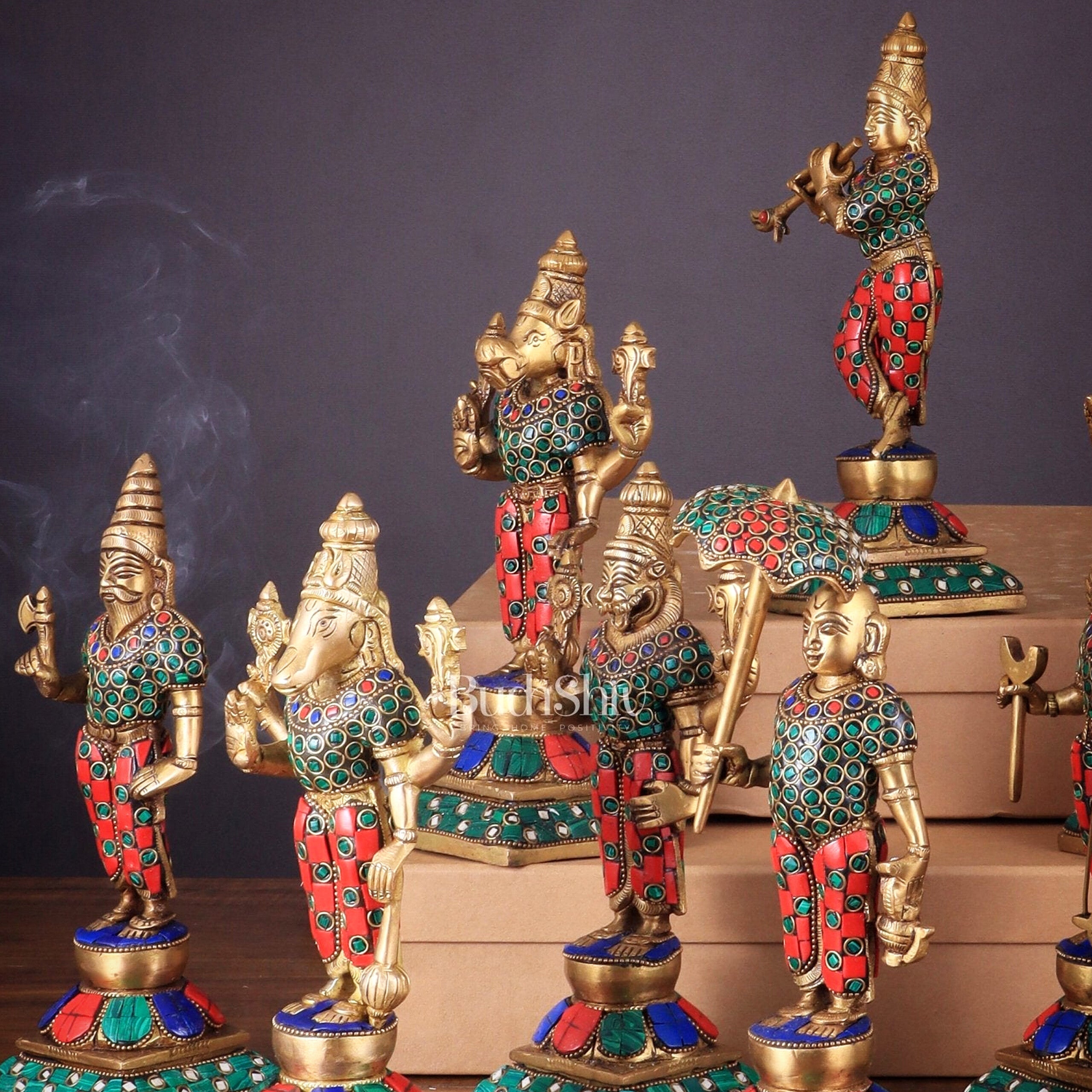 Brass Vishnu Dashavatar idols set 10 inch with Stonework
