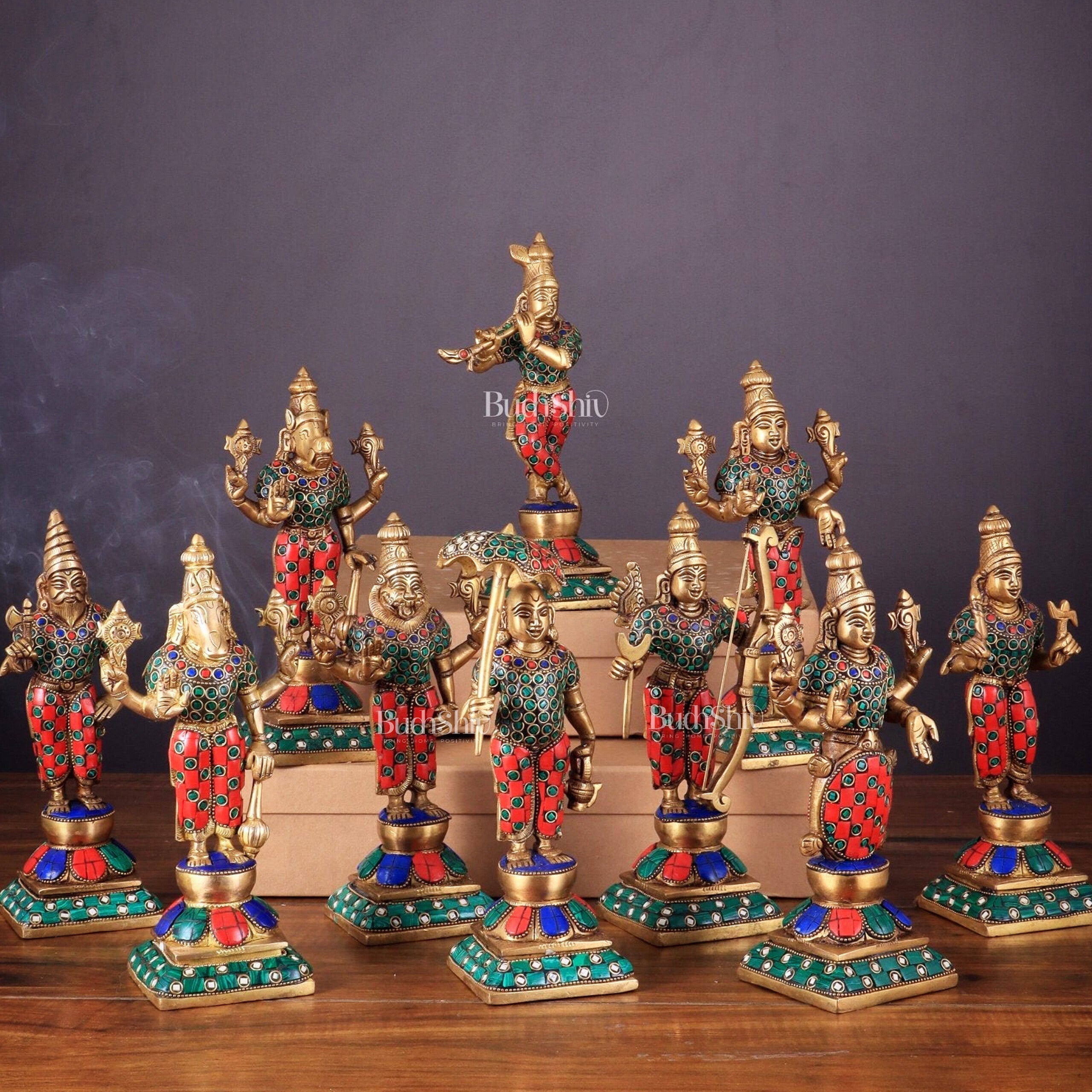 Brass Vishnu Dashavatar idols set 10 inch with Stonework