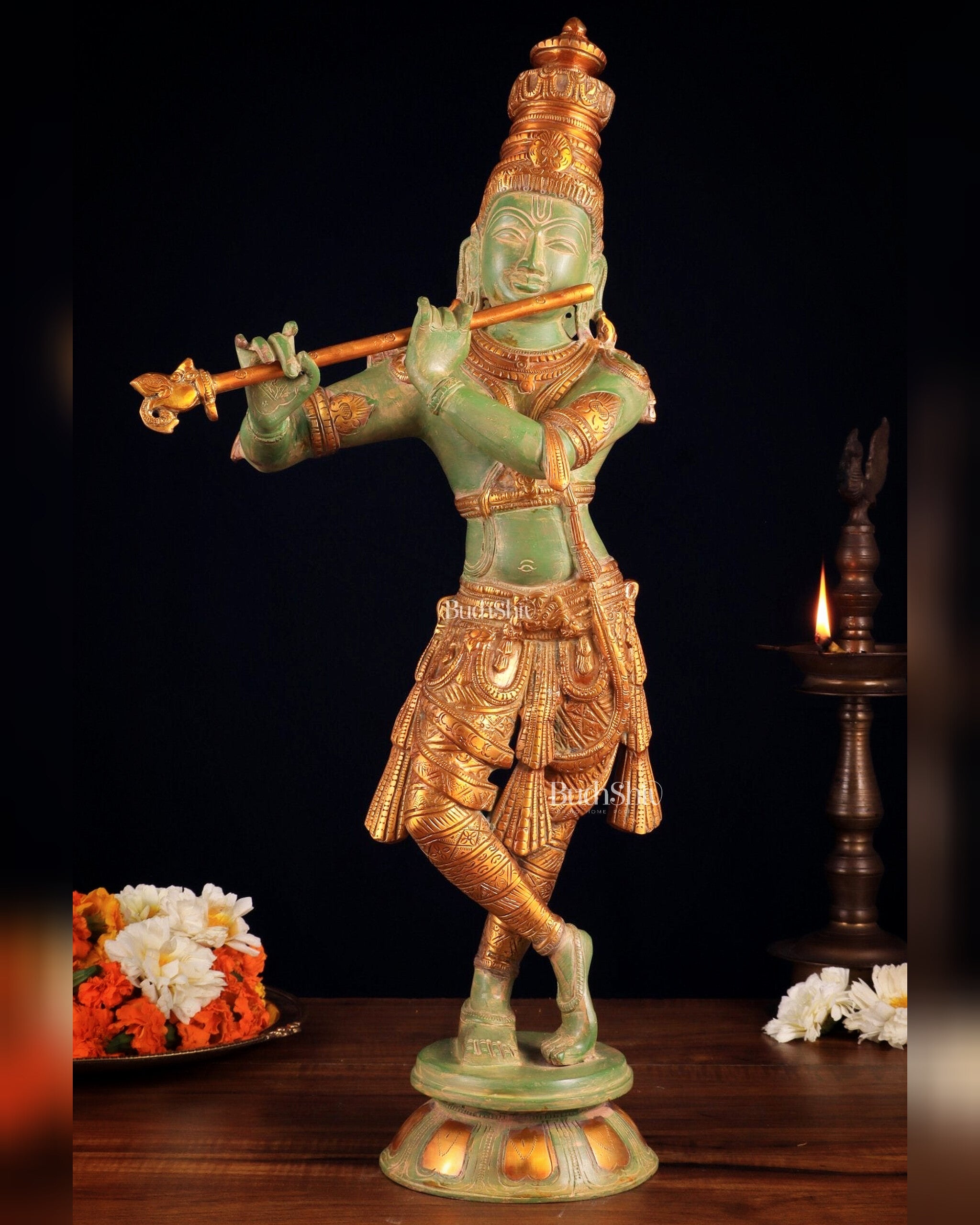 Pure Brass Lord Krishna Statue - green patina , 23 Inches
