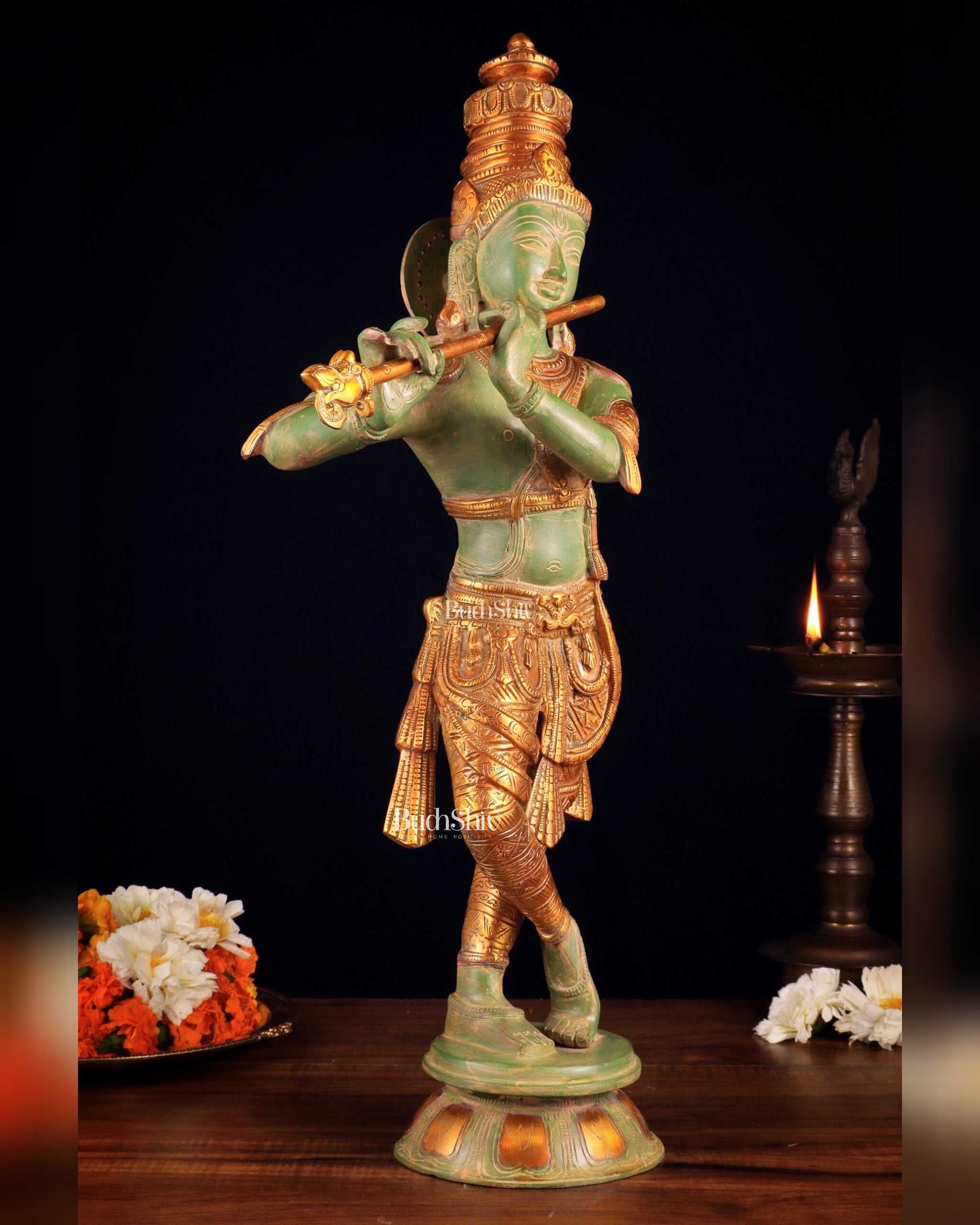 Pure Brass Lord Krishna Statue - green patina , 23 Inches