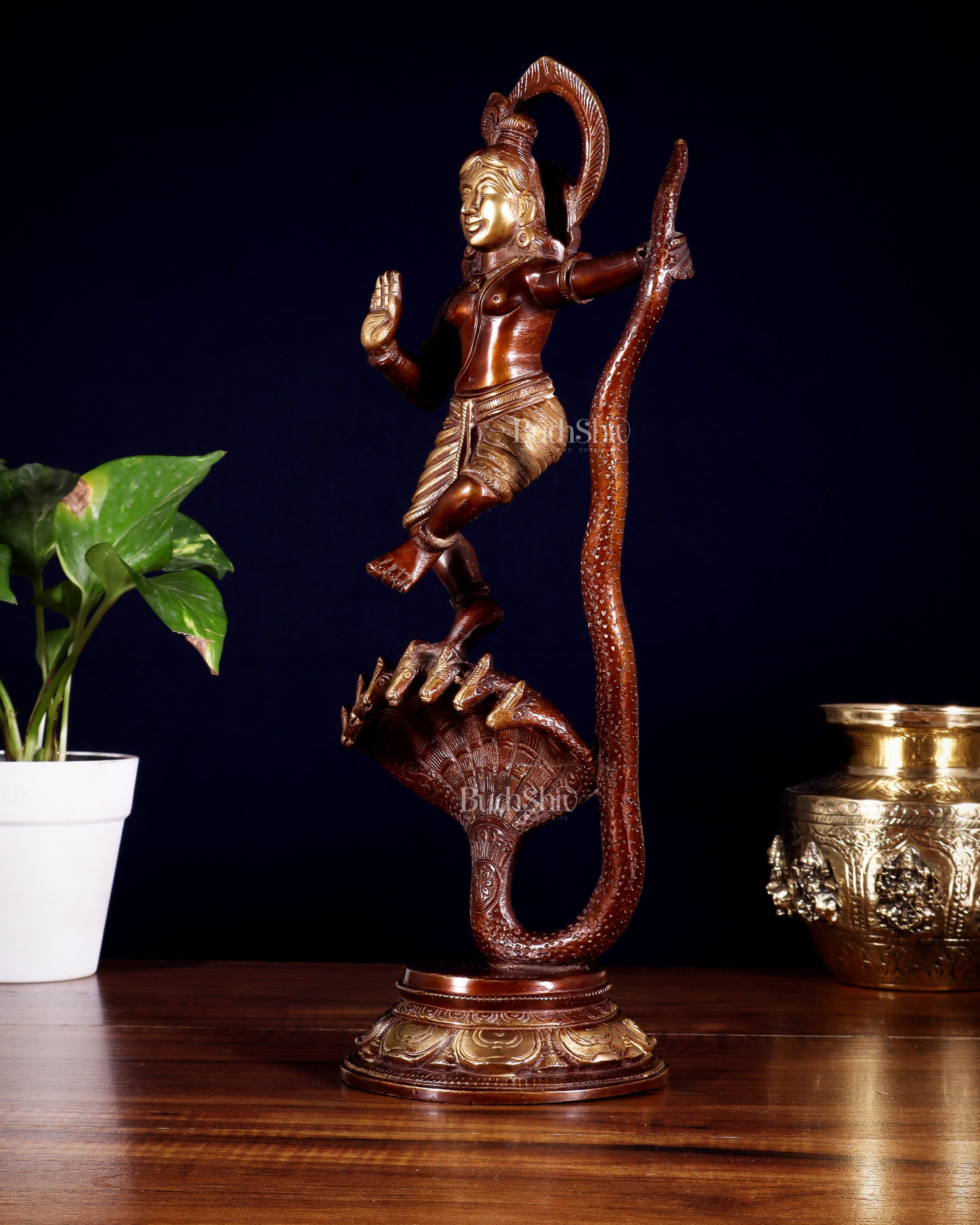 Krishna Dancing on Kaliya Naag Brass Idol 13" dual tone