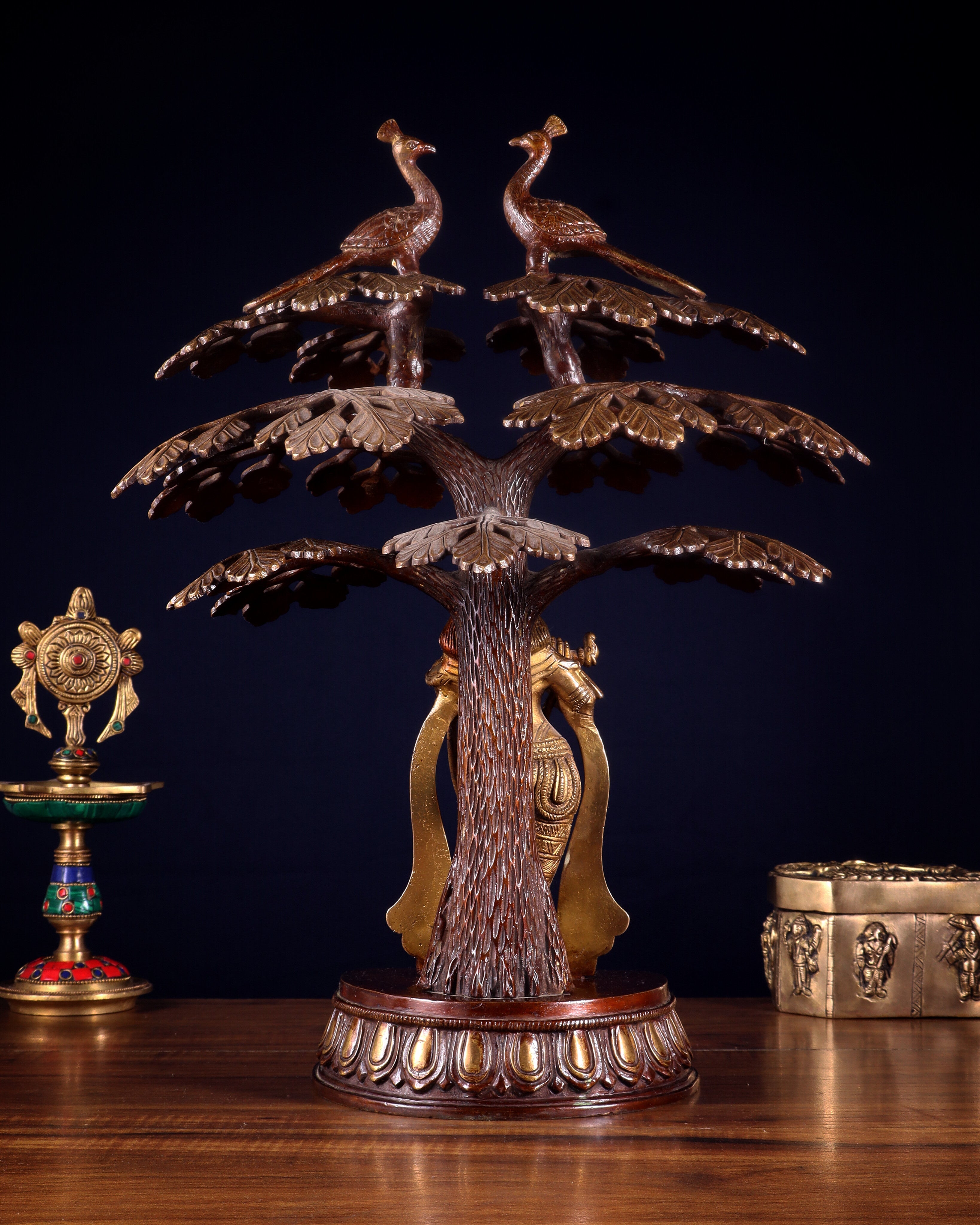 Brass Krishna Under Kadamba Tree Statue 16"