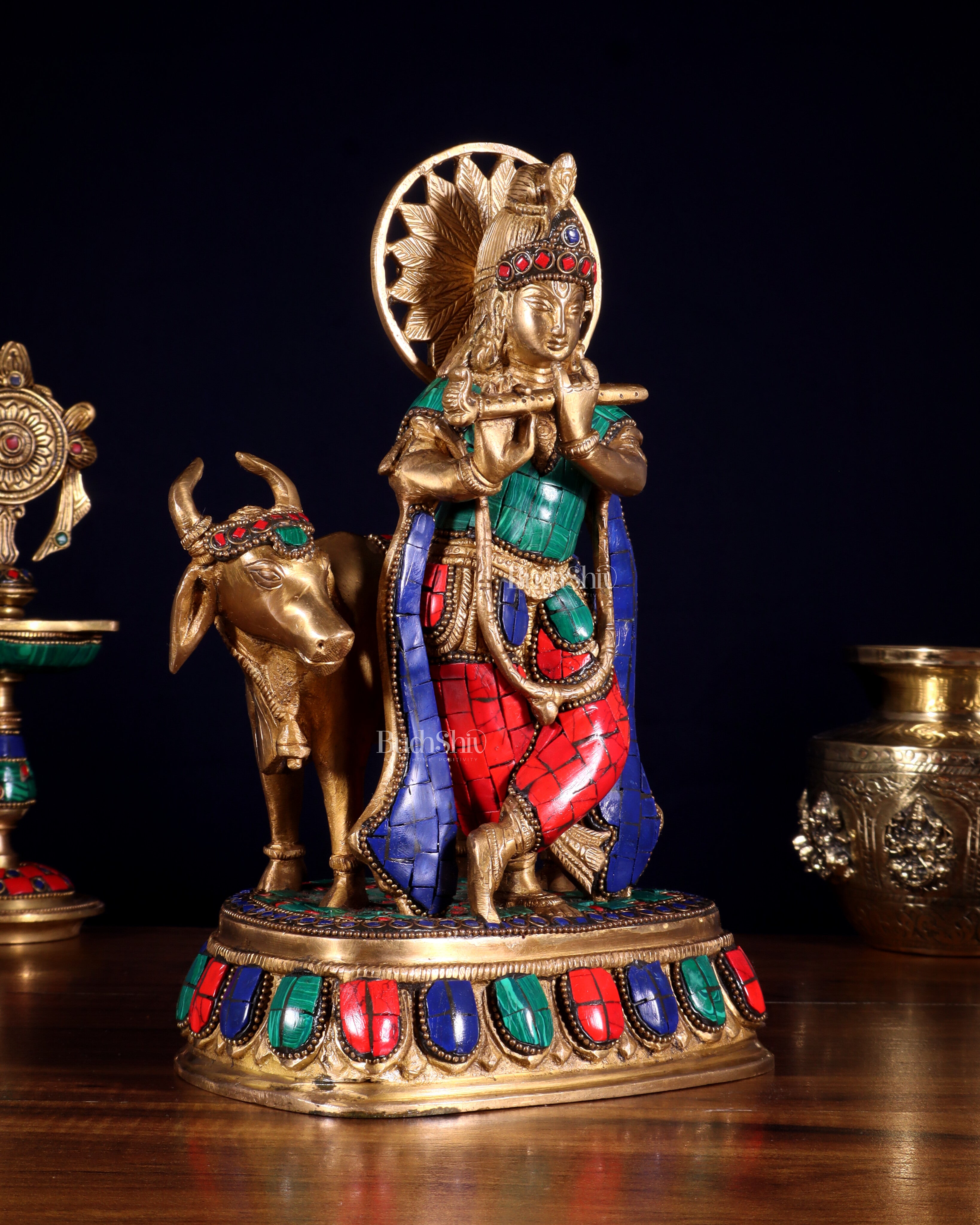 Pure Brass Lord Krishna Statue with cow idol 9"