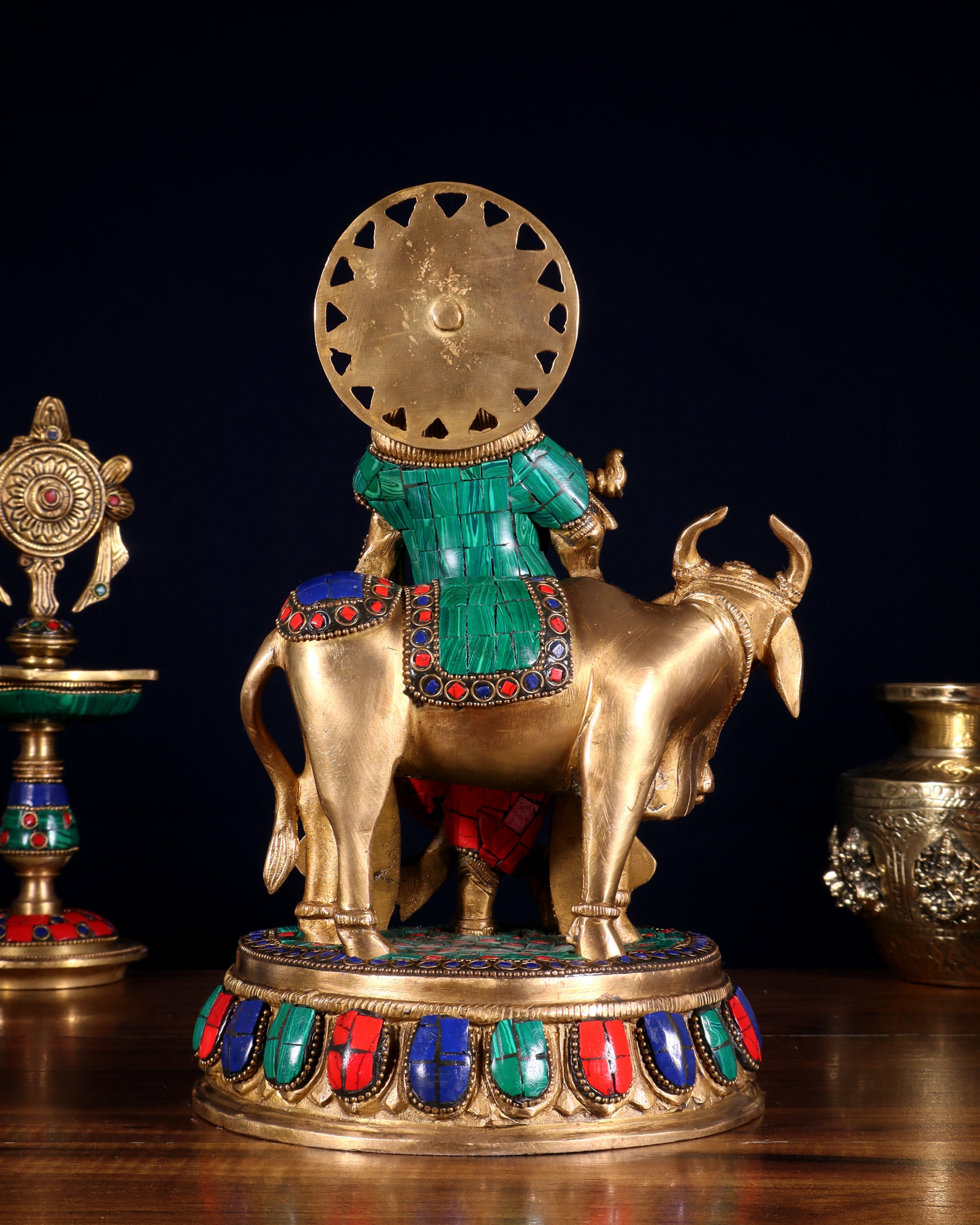Pure Brass Lord Krishna Statue with cow idol 9"