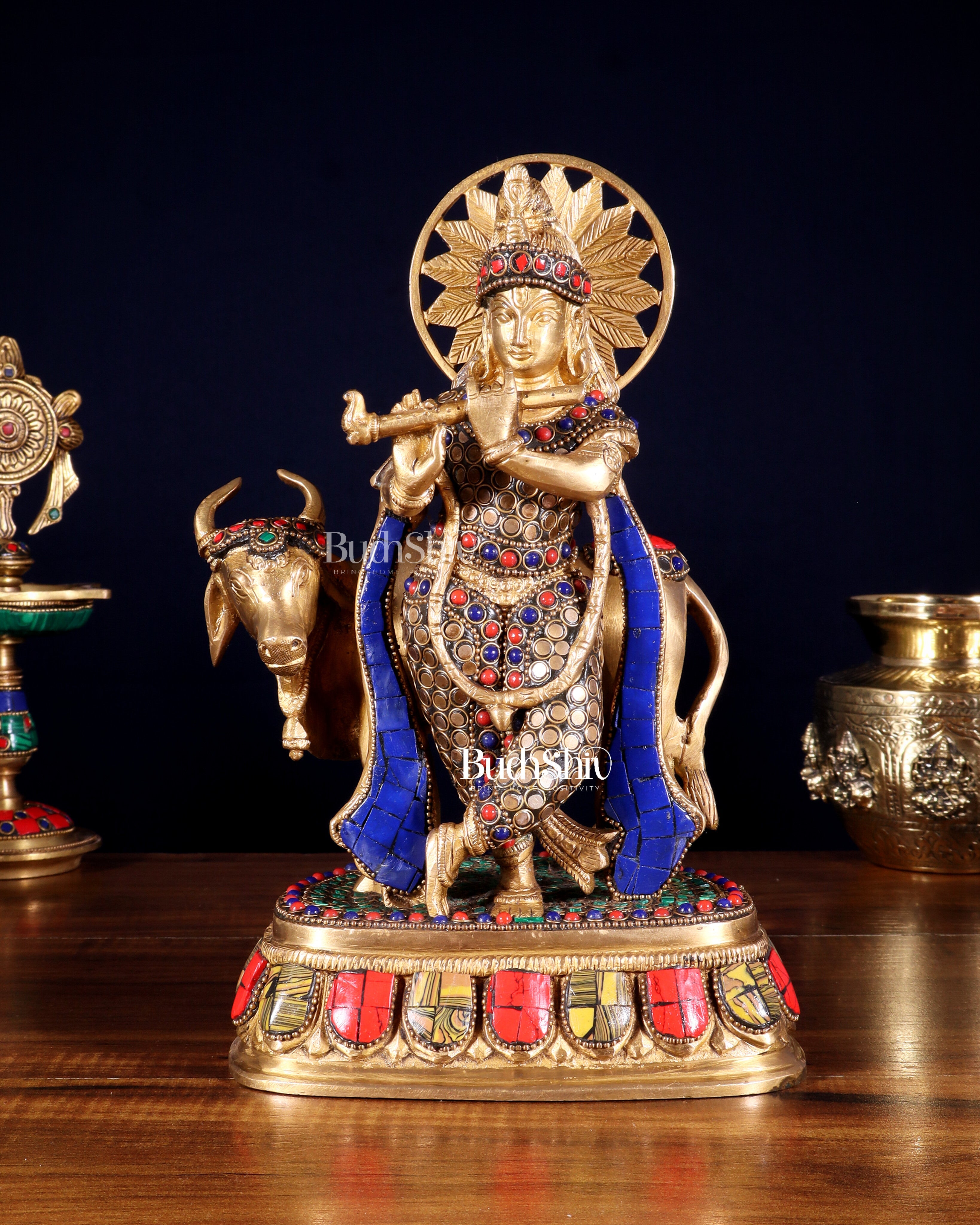 Brass Lord Krishna Statue with cow idol 9"