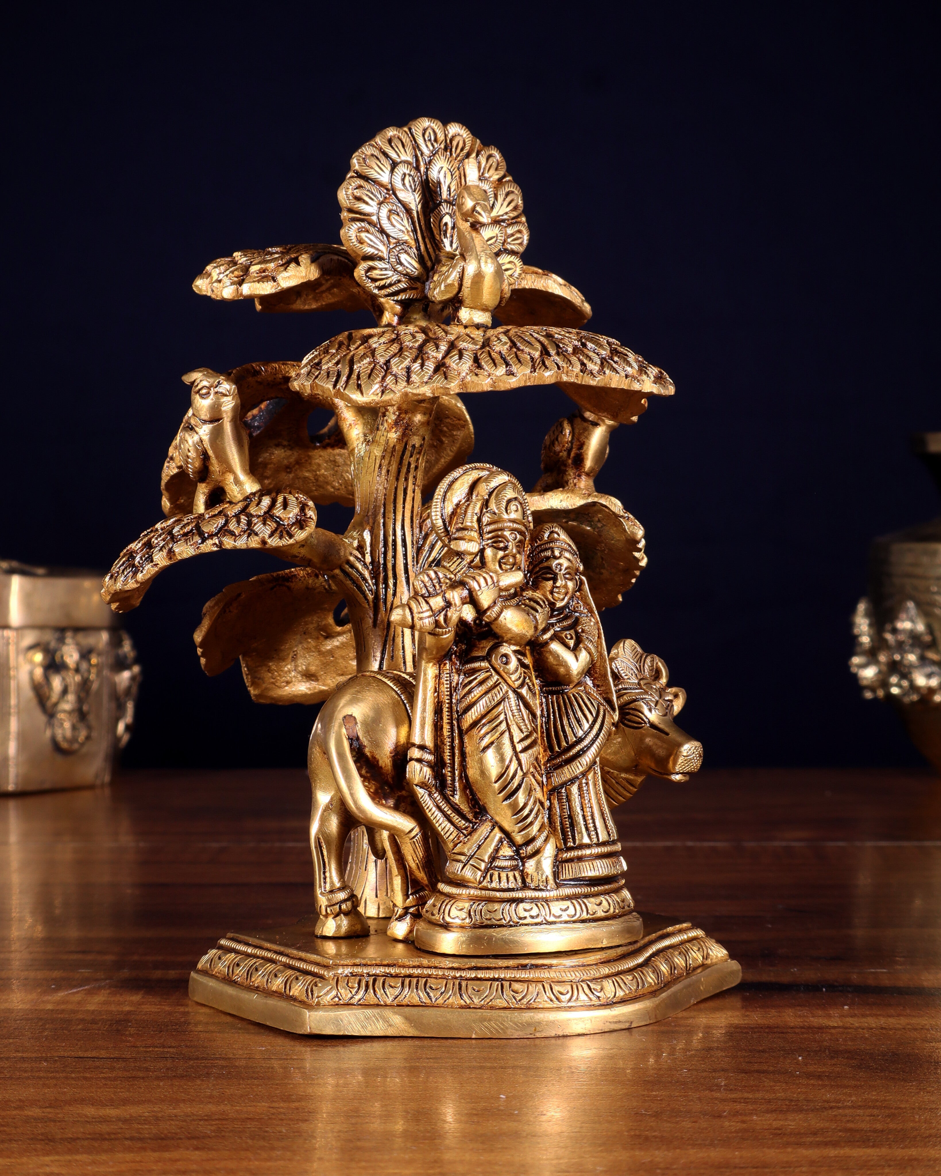 Superfine Brass Radha Krishna with Cow Under Tree Idol - 7" Height