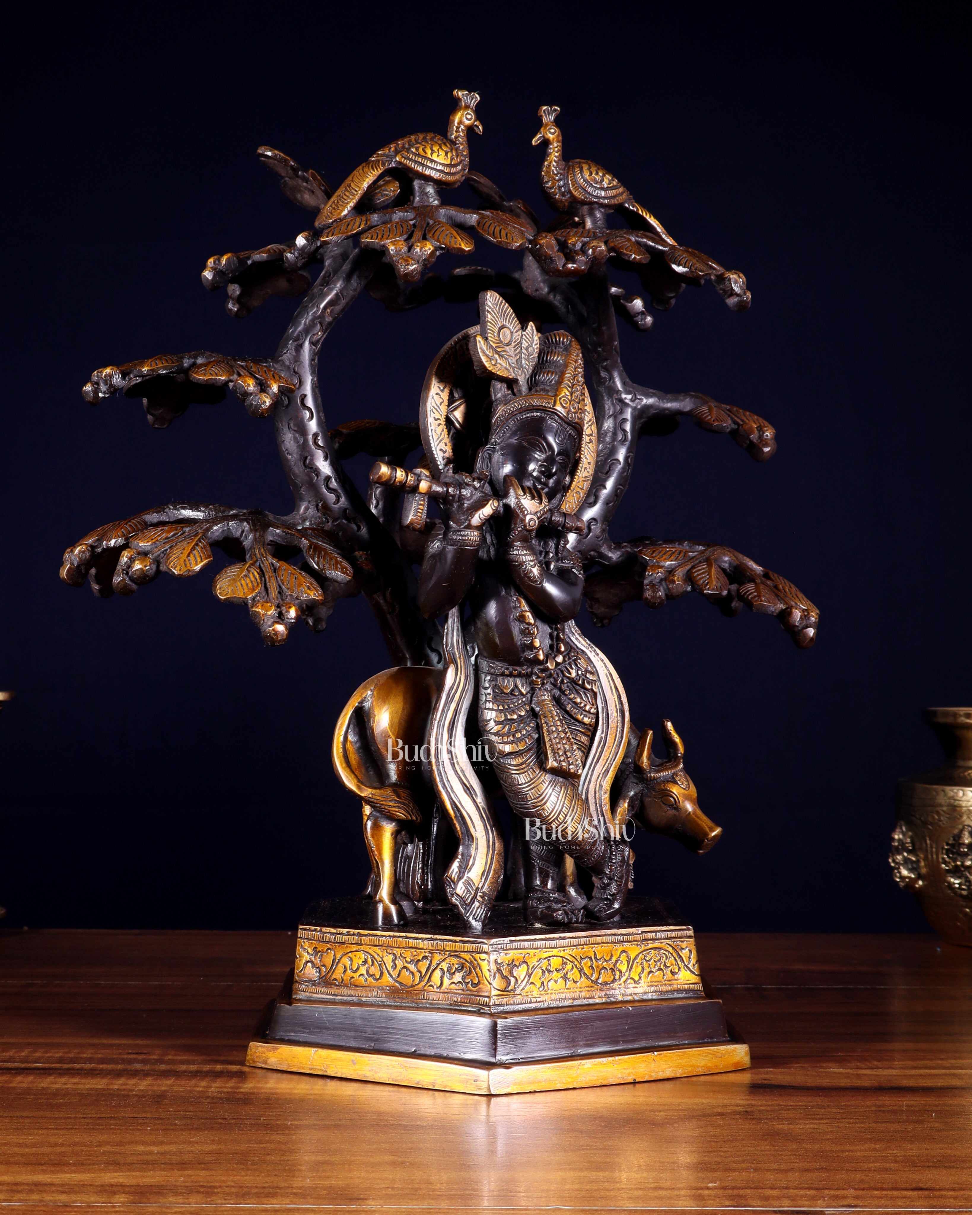 Brass Lord Krishna with Cow and tree statue black 13 inch